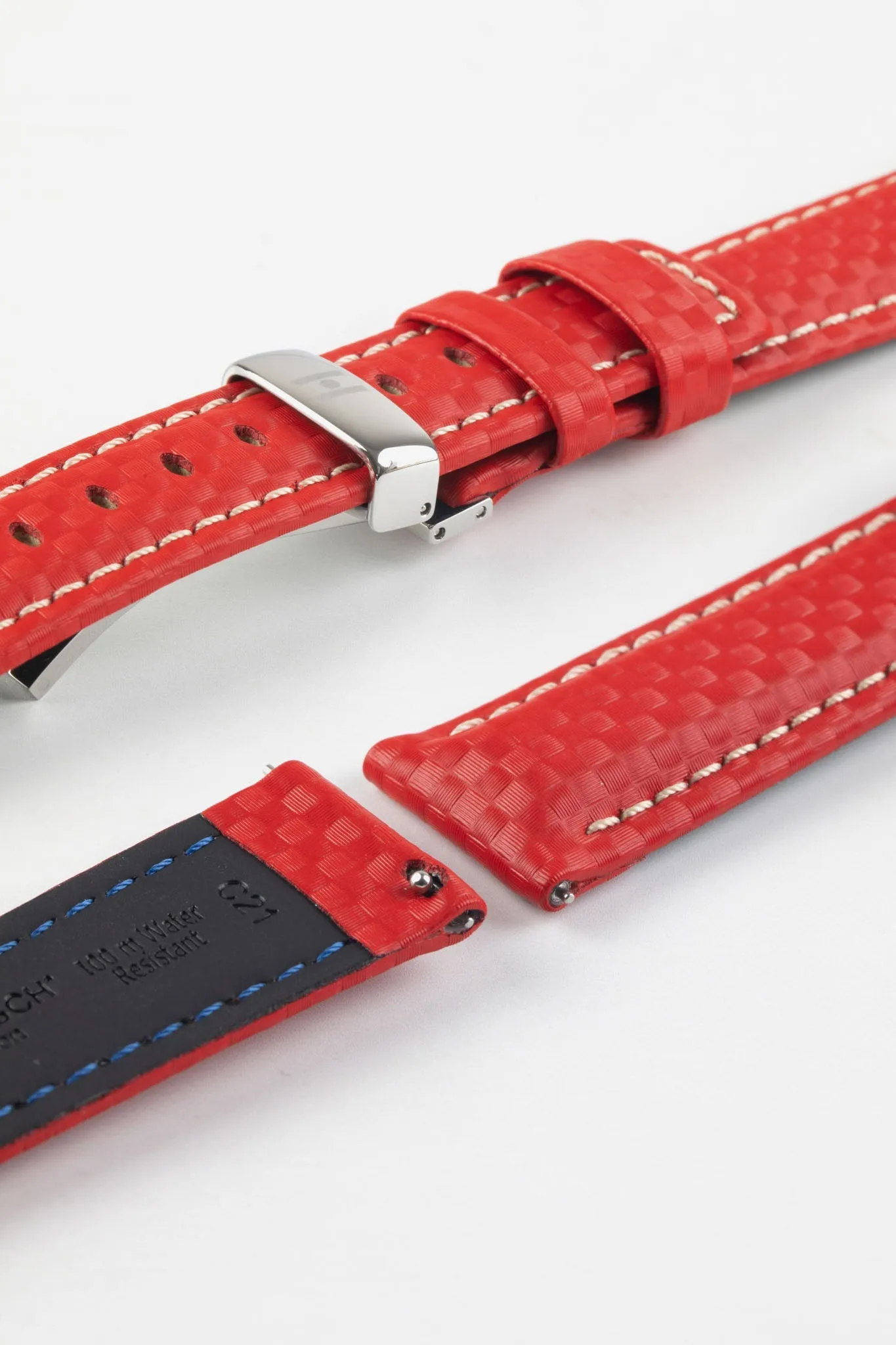 Hirsch CARBON Embossed Water-Resistant Leather Watch Strap in RED