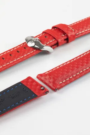 Hirsch CARBON Embossed Water-Resistant Leather Watch Strap in RED