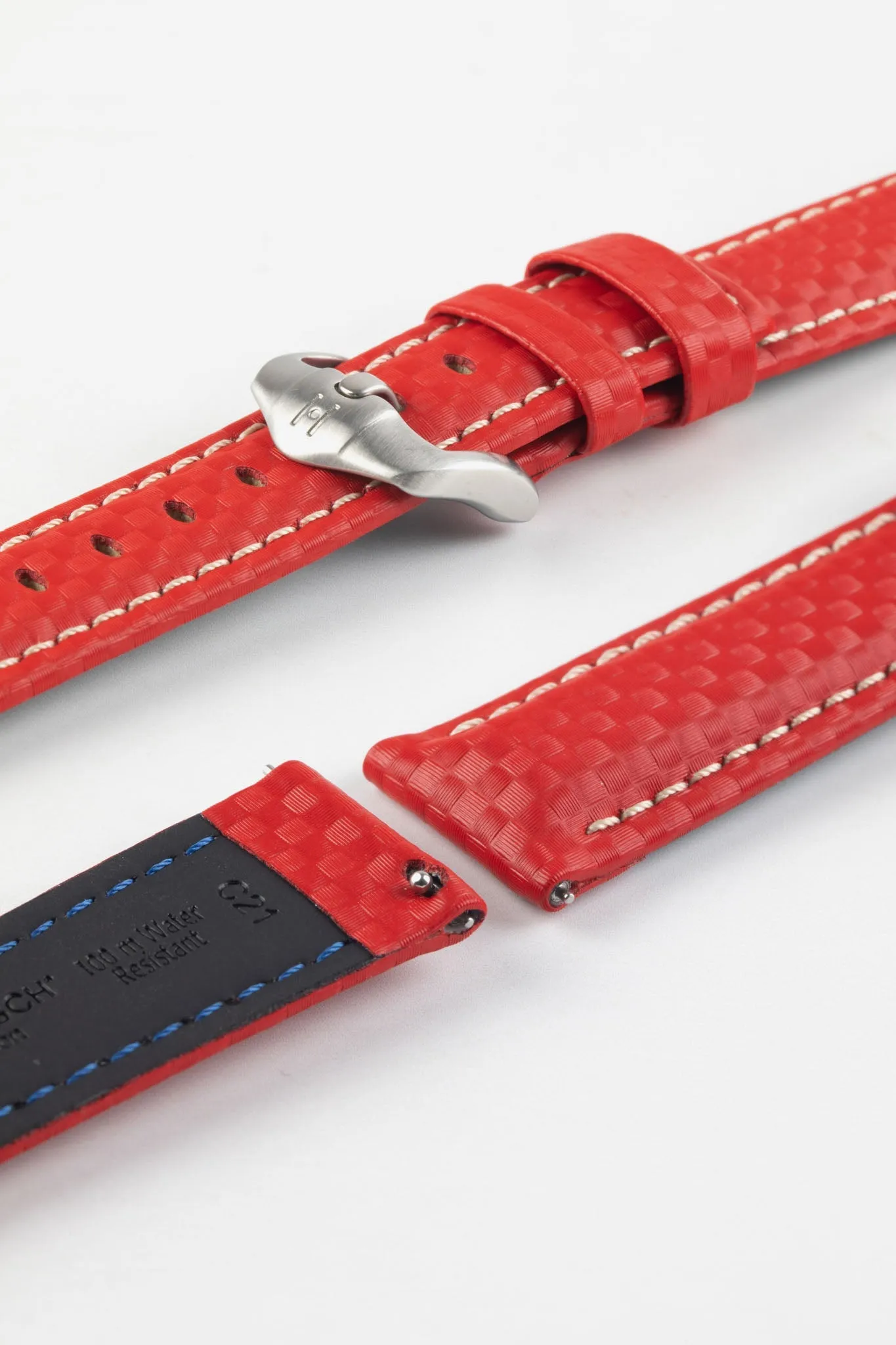 Hirsch CARBON Embossed Water-Resistant Leather Watch Strap in RED