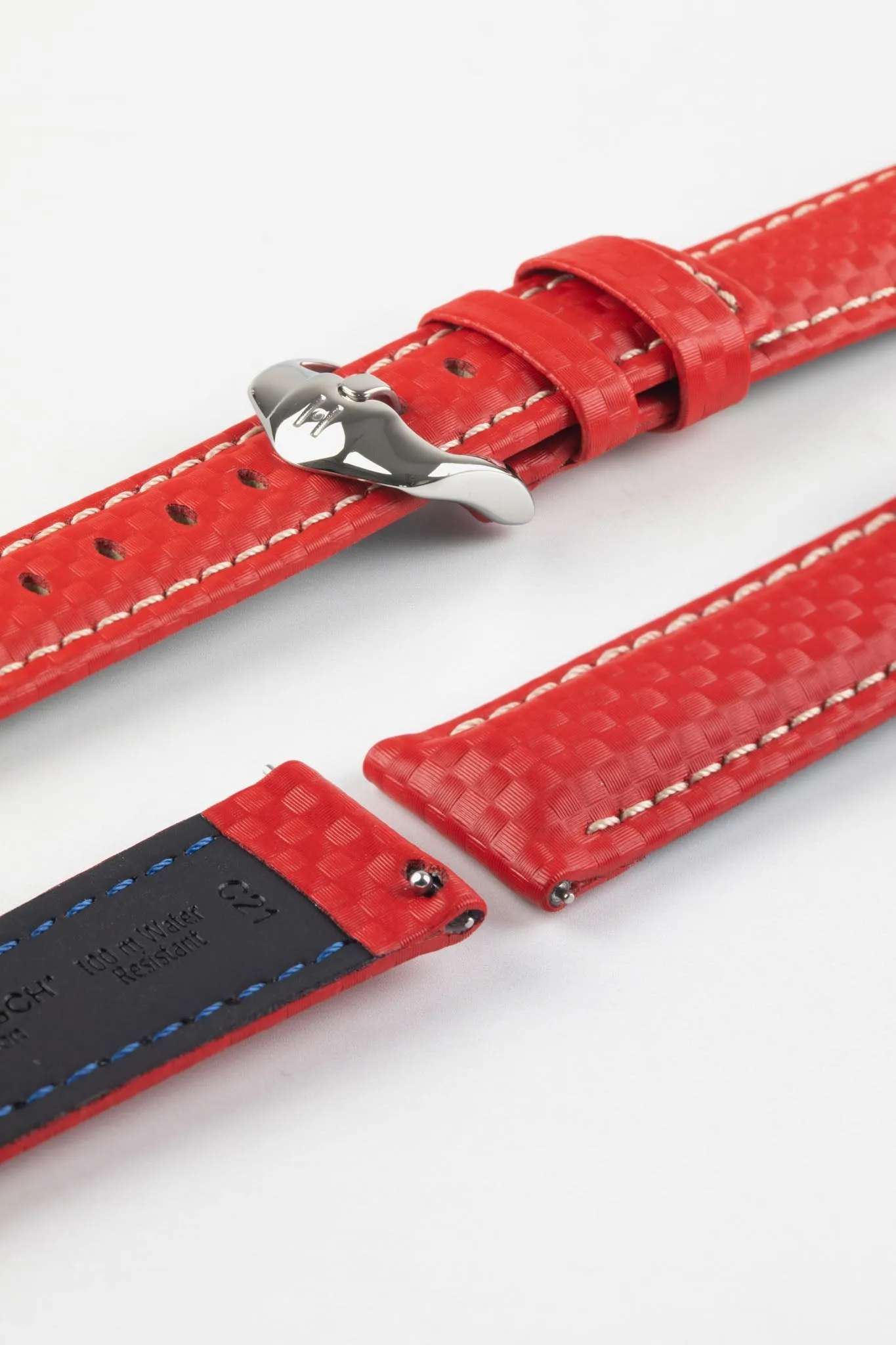 Hirsch CARBON Embossed Water-Resistant Leather Watch Strap in RED