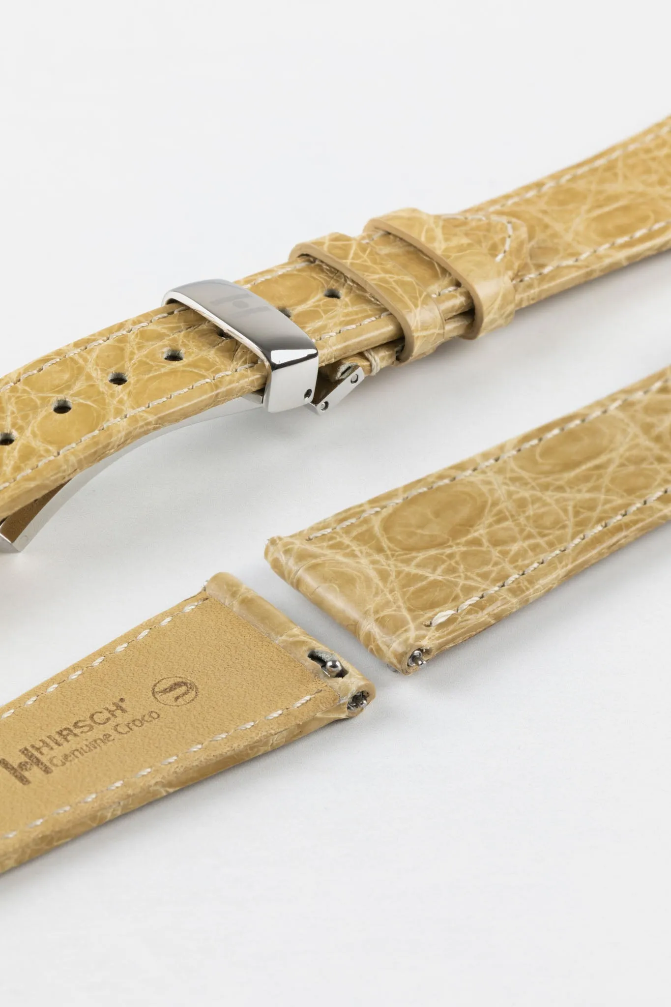 Hirsch GENUINE CROCO Shiny Crocodile Leather Watch Strap in BEIGE