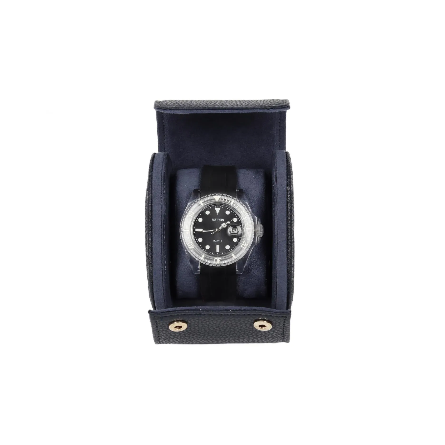 HQ Single Watch Genuine Leather Travel Case/Roll - Navy Blue