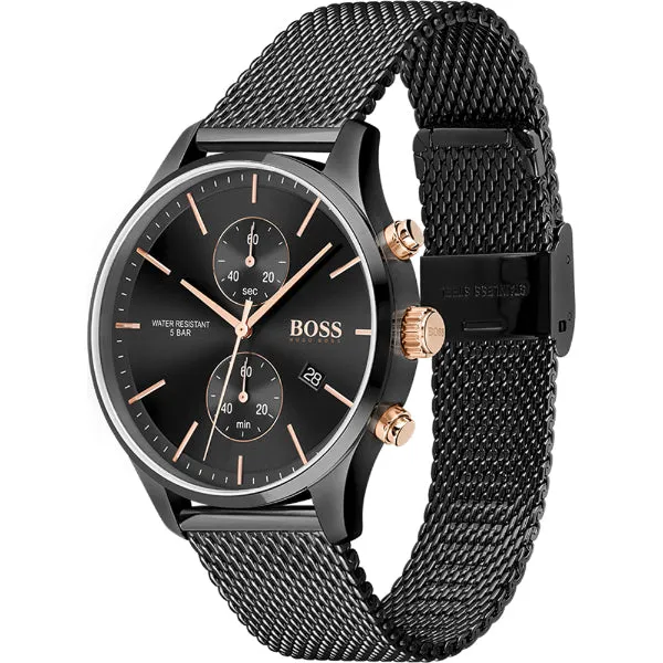 HUGO BOSS Associate Black Mesh Bracelet Black Dial Chronograph Quartz Watch for Gents - HUGO BOSS 1513811