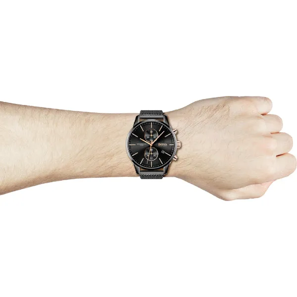HUGO BOSS Associate Black Mesh Bracelet Black Dial Chronograph Quartz Watch for Gents - HUGO BOSS 1513811
