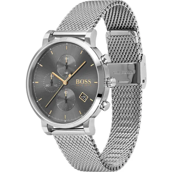 HUGO BOSS Integrity Silver Mesh Bracelet Black Dial Chronograph Quartz Watch for Gents - 1513807