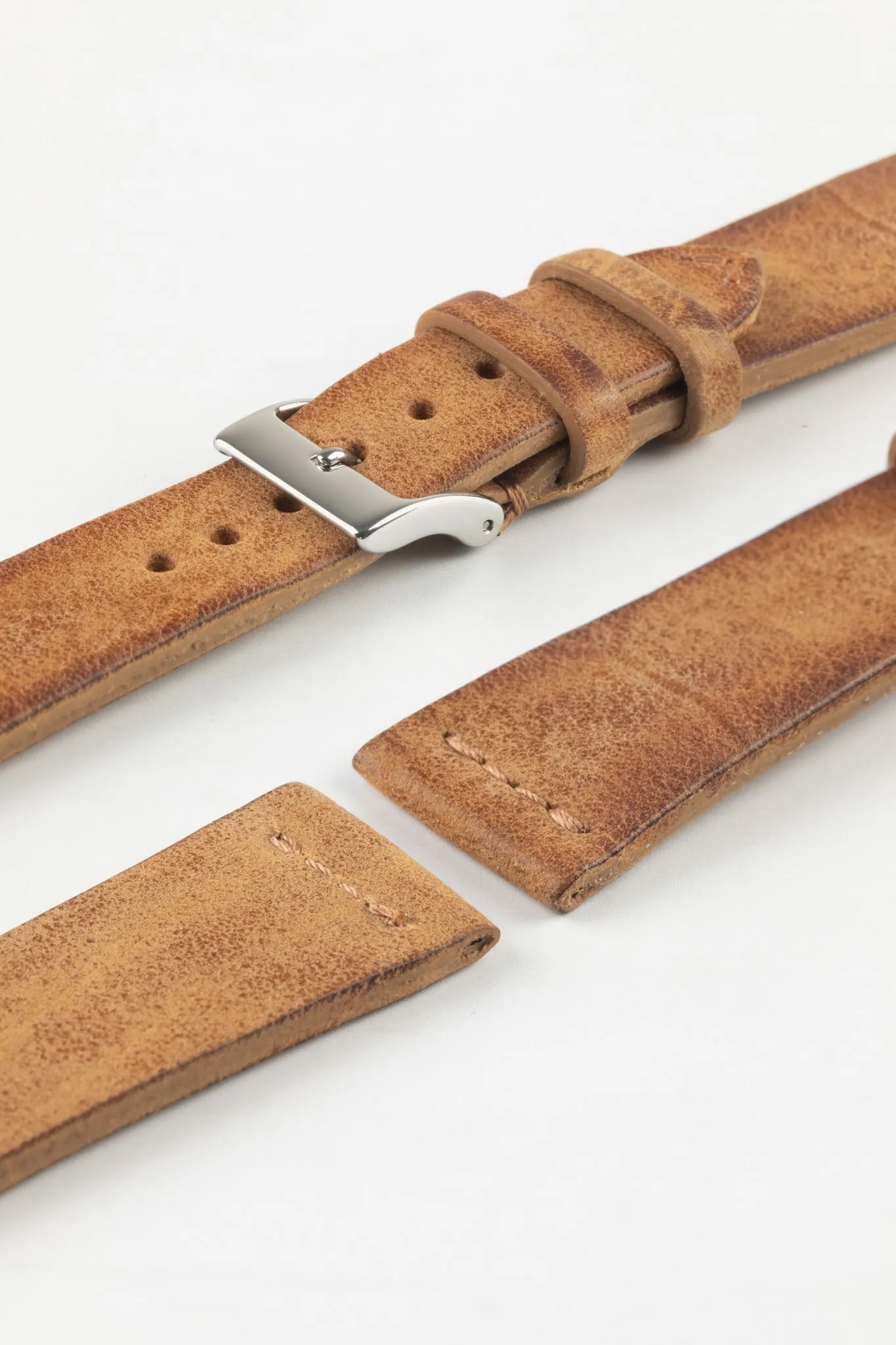 JPM Italian Vintage Leather Watch Strap with Tonal Stitch in MID BROWN