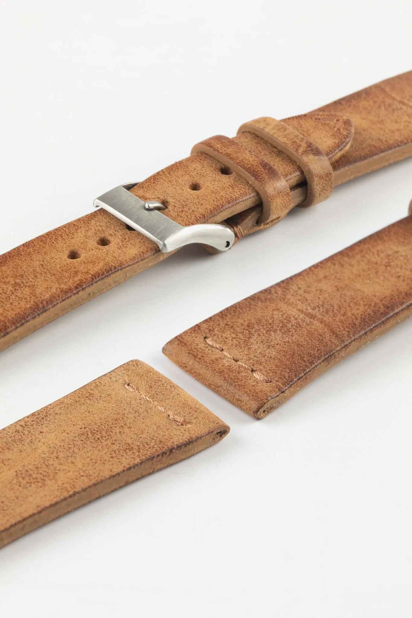JPM Italian Vintage Leather Watch Strap with Tonal Stitch in MID BROWN