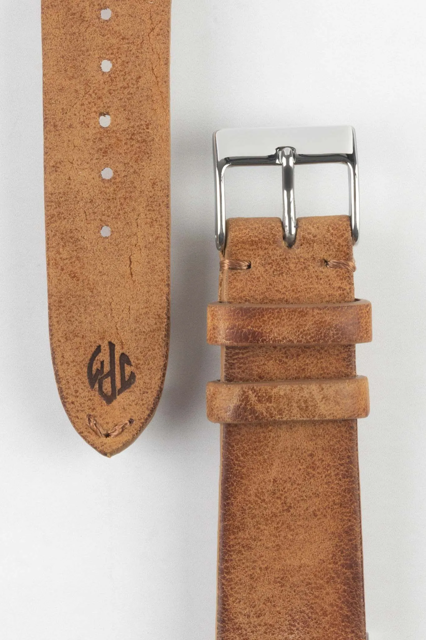 JPM Italian Vintage Leather Watch Strap with Tonal Stitch in MID BROWN