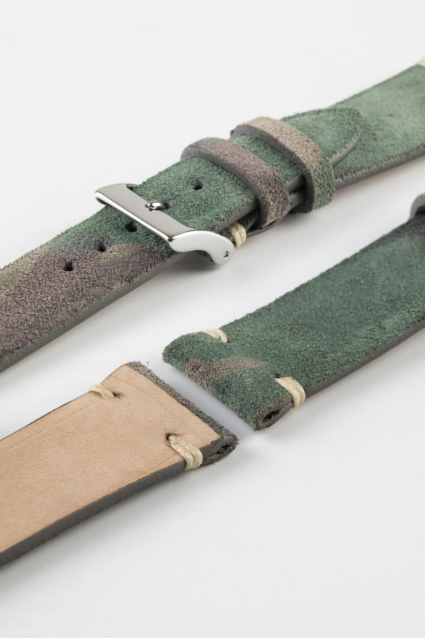 JPM Italian Vintage Suede Leather Watch Strap in GREEN CAMOUFLAGE
