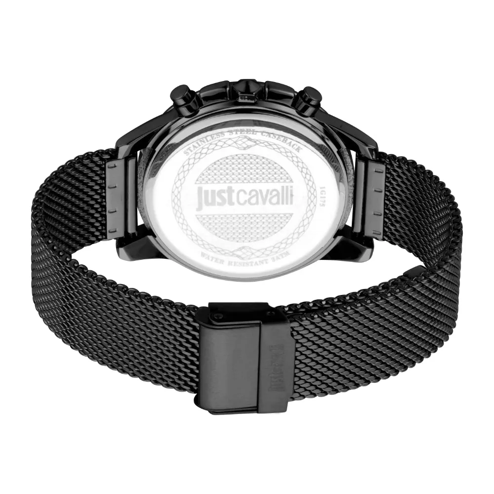 Just Cavalli Men Watch, Black Color Case, Black Dial, Stainless Steel Mesh Bracelet