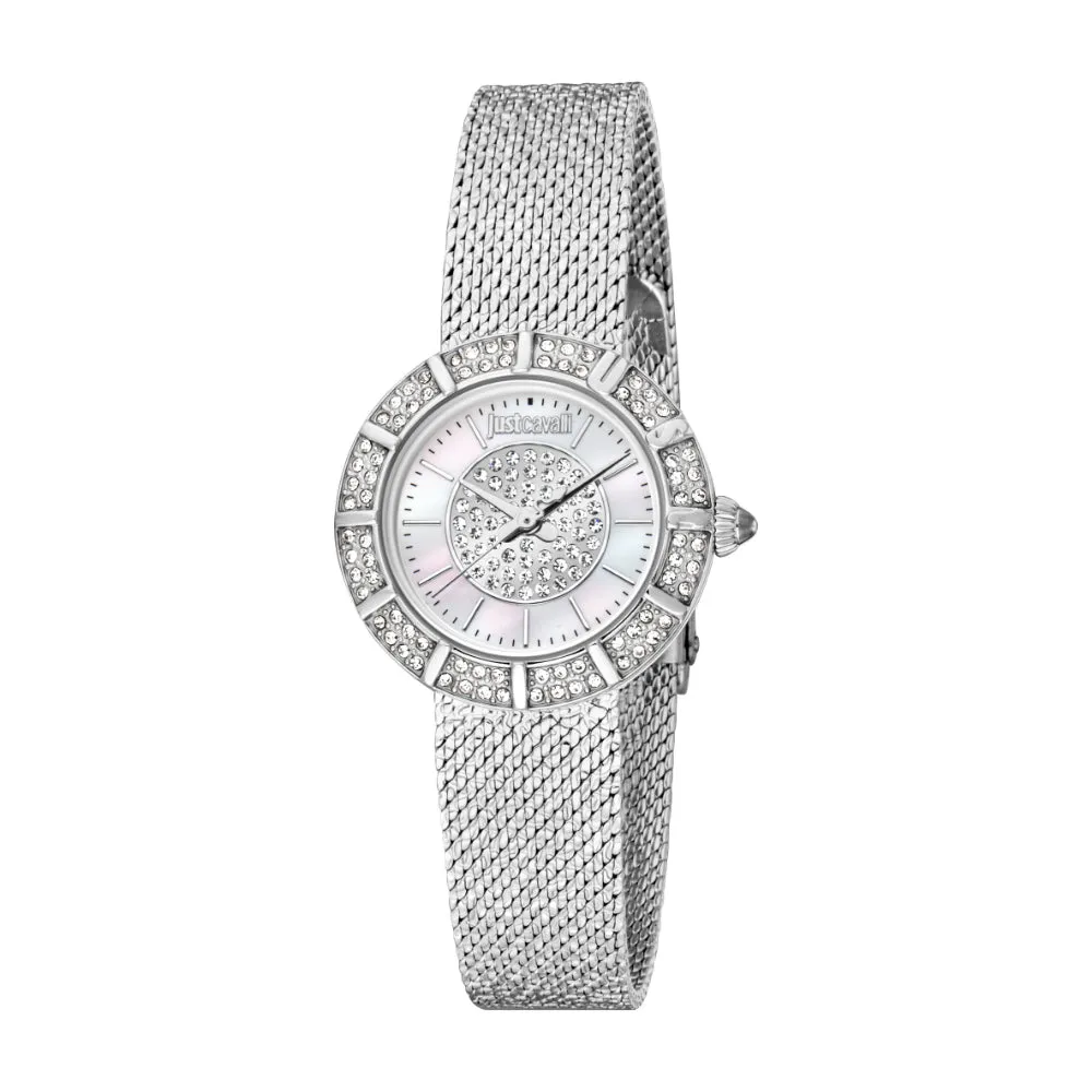 Just Cavalli Women's Silver Mesh Bracelet Watch with White MOP Dial