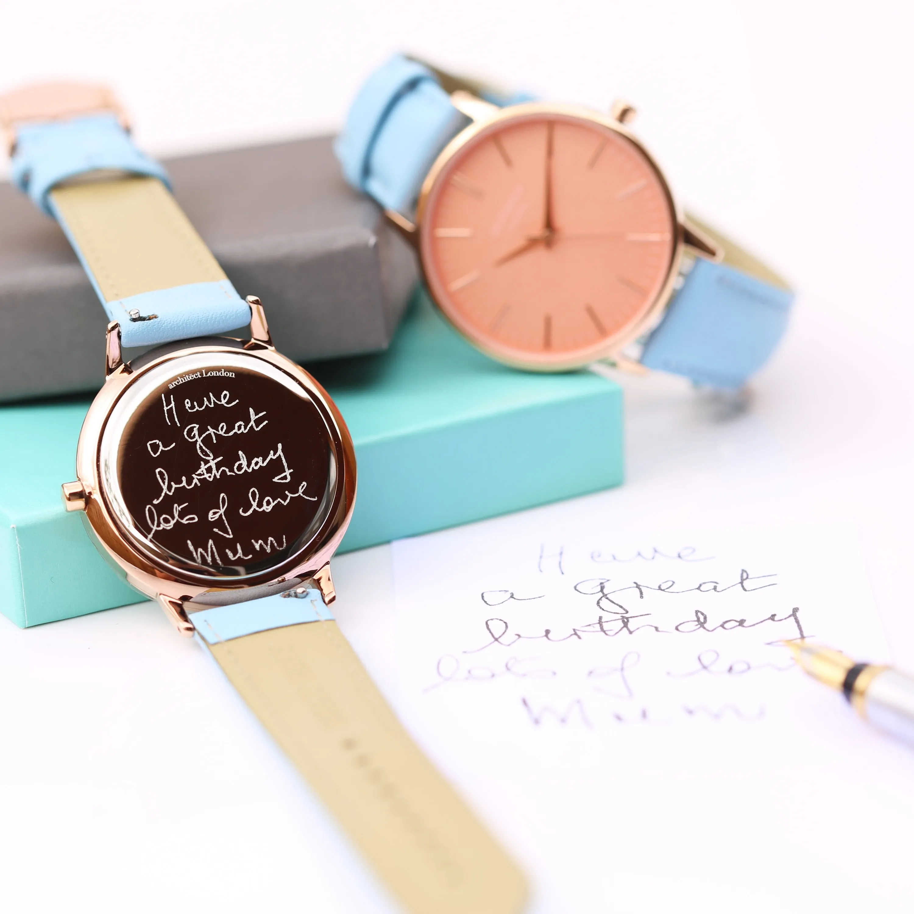 Ladies Architēct Coral - Handwriting Engraving   Light Blue Strap