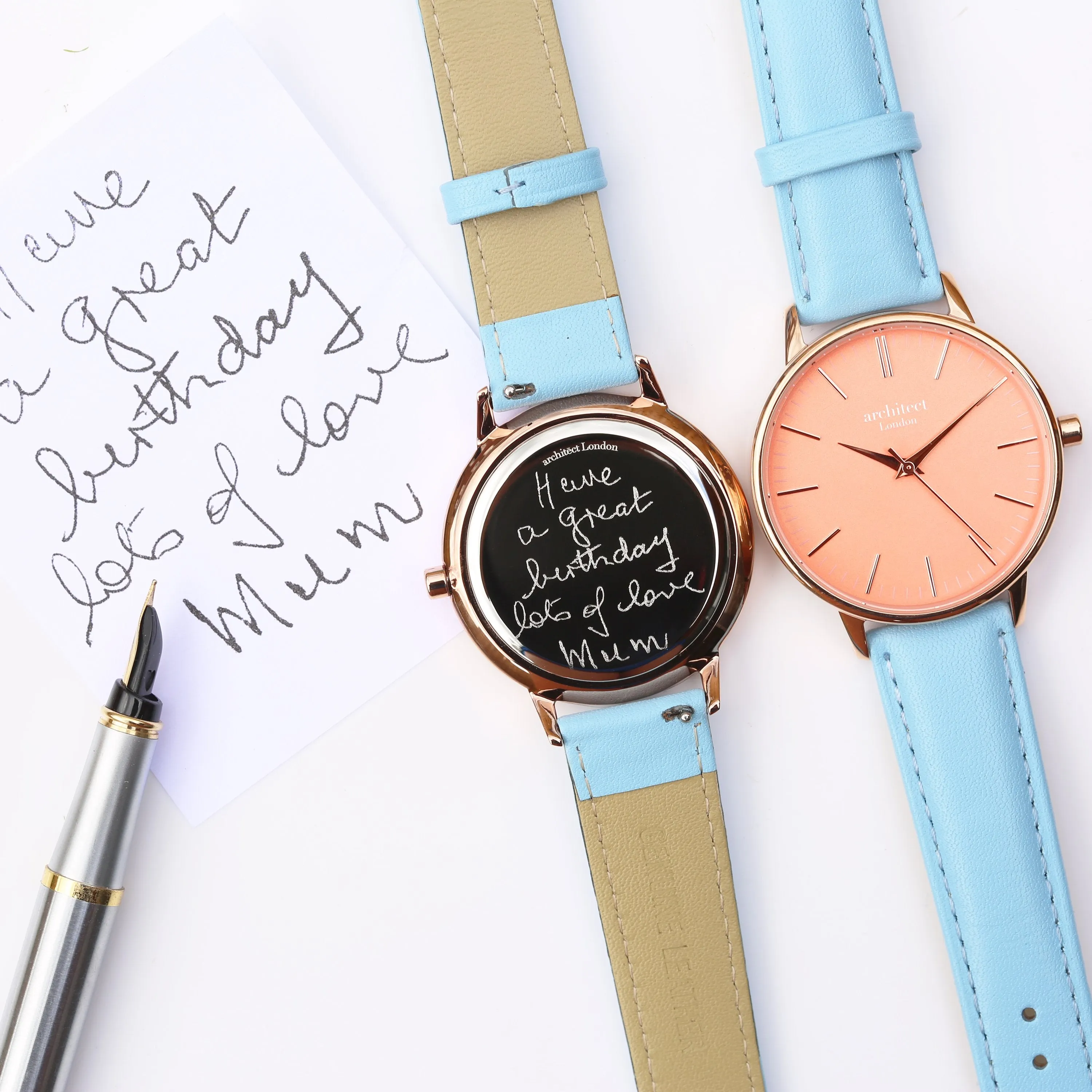 Ladies Architēct Coral - Handwriting Engraving   Light Blue Strap