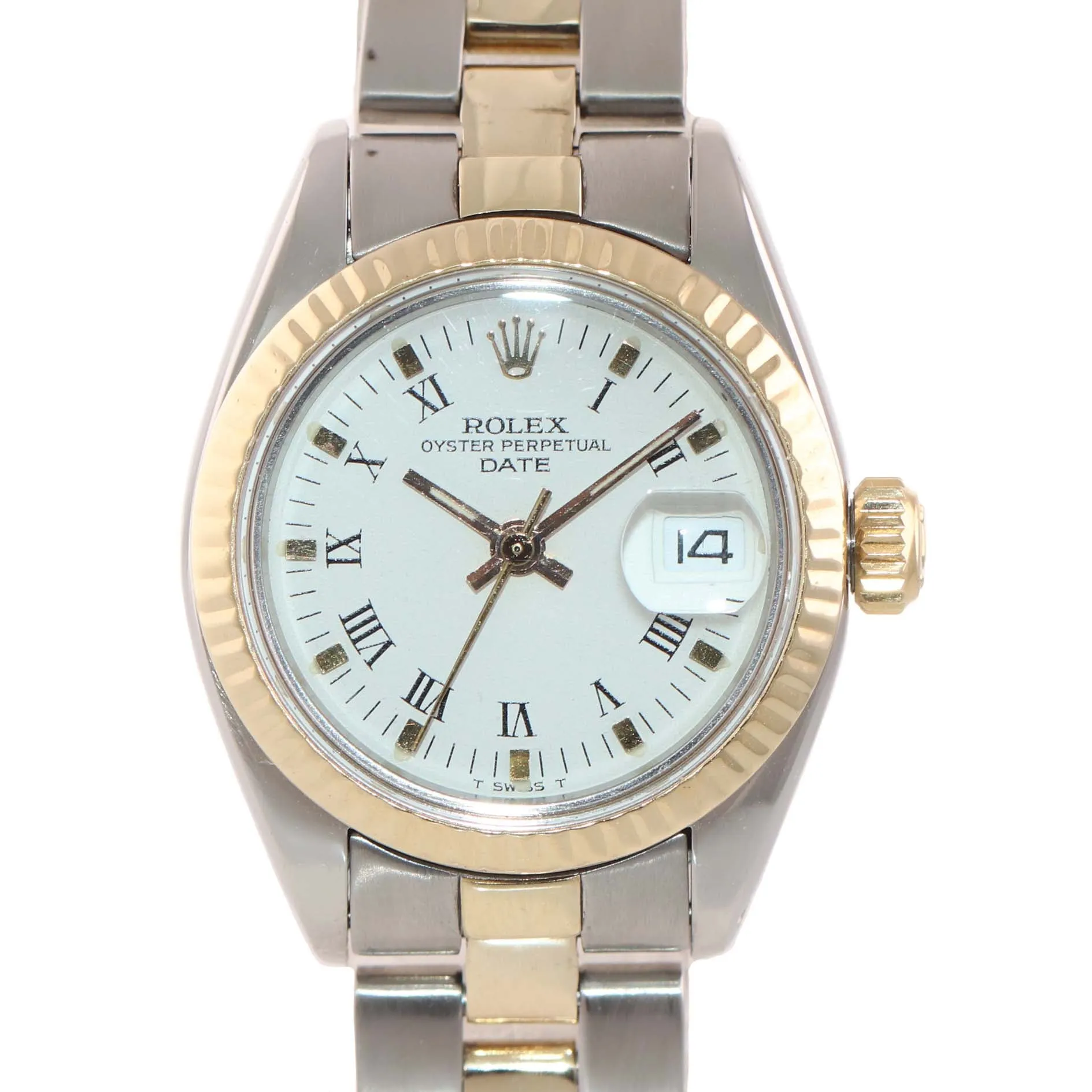Ladies Rolex 26mm 6917 Two Tone Gold Steel White Roman Dial Date Oyster Watch