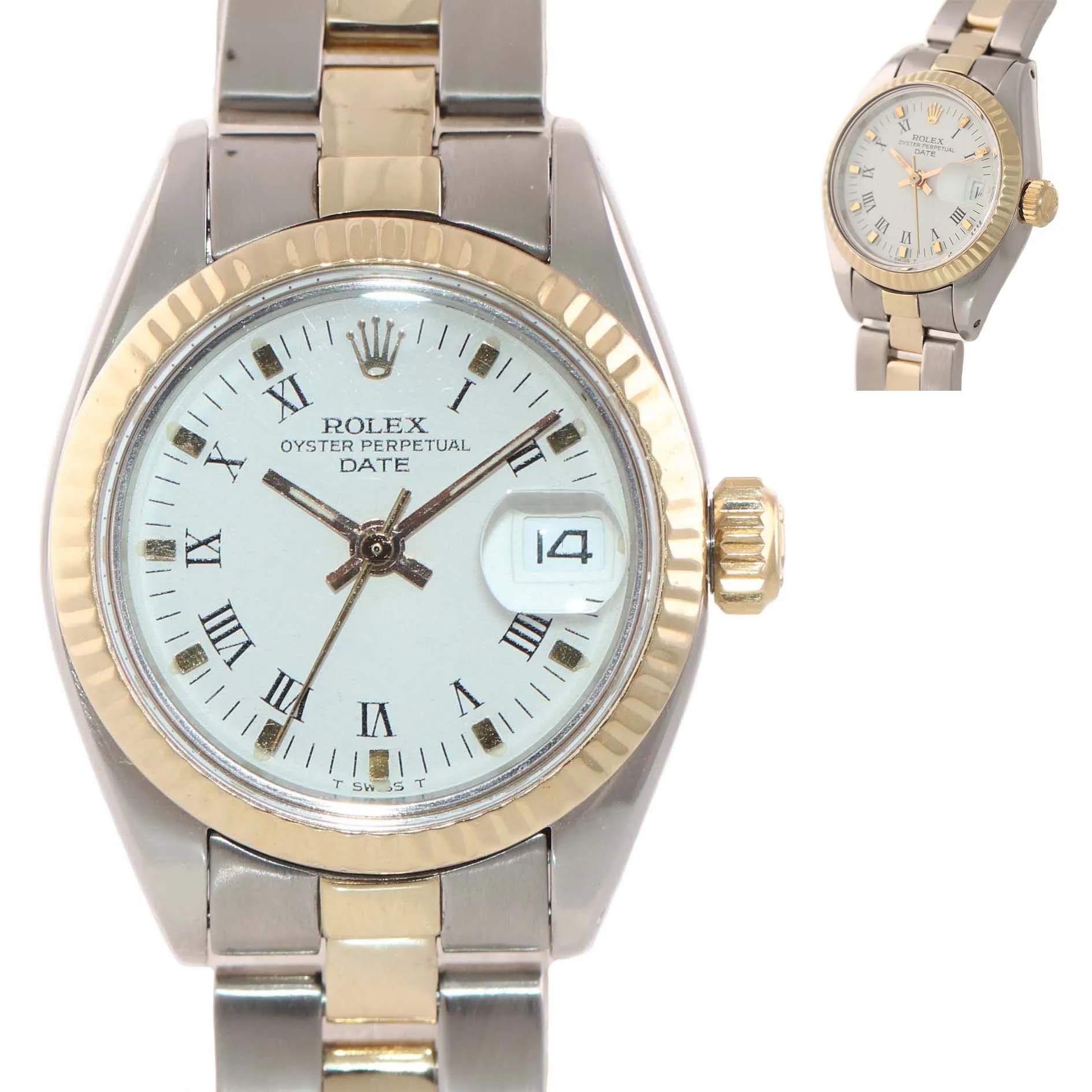 Ladies Rolex 26mm 6917 Two Tone Gold Steel White Roman Dial Date Oyster Watch