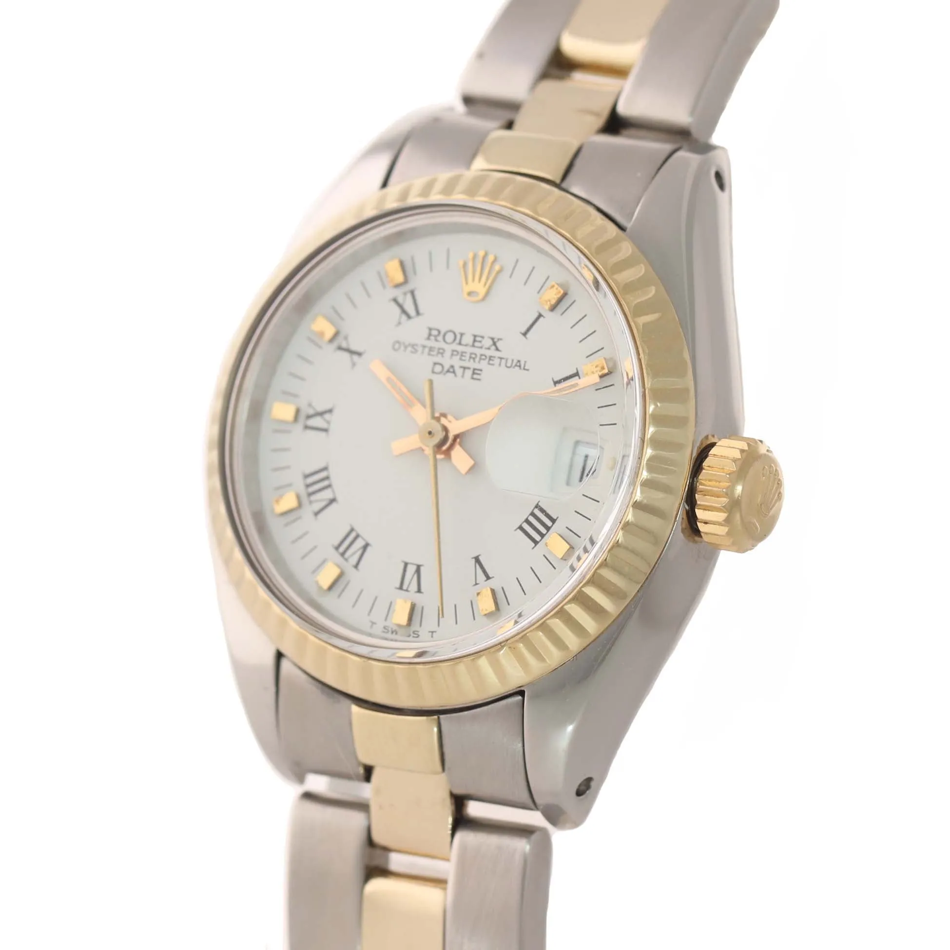 Ladies Rolex 26mm 6917 Two Tone Gold Steel White Roman Dial Date Oyster Watch
