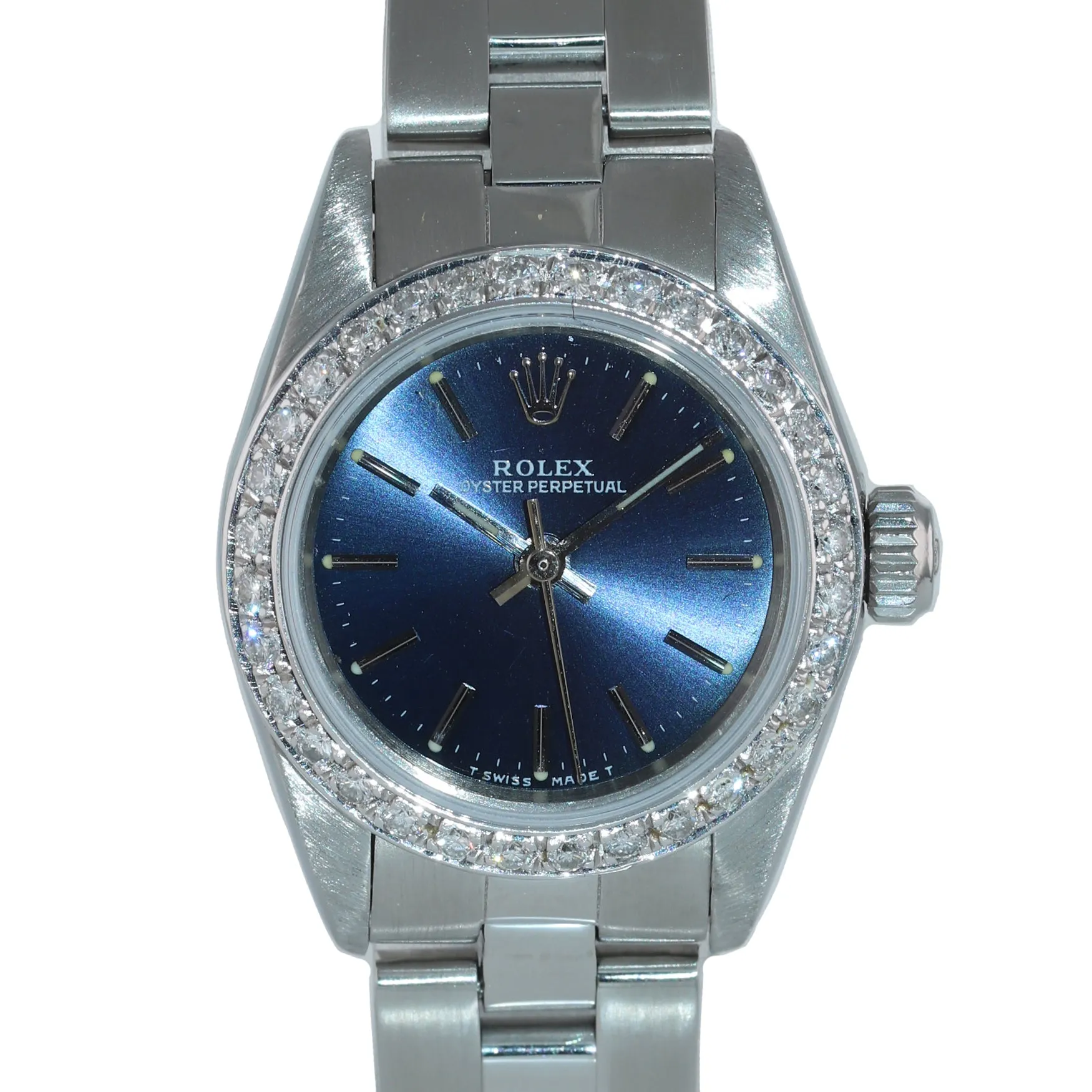 Ladies Rolex Oyster Perpetual Blue Stick Diamond Bezel 24mm 67180 Steel Watch