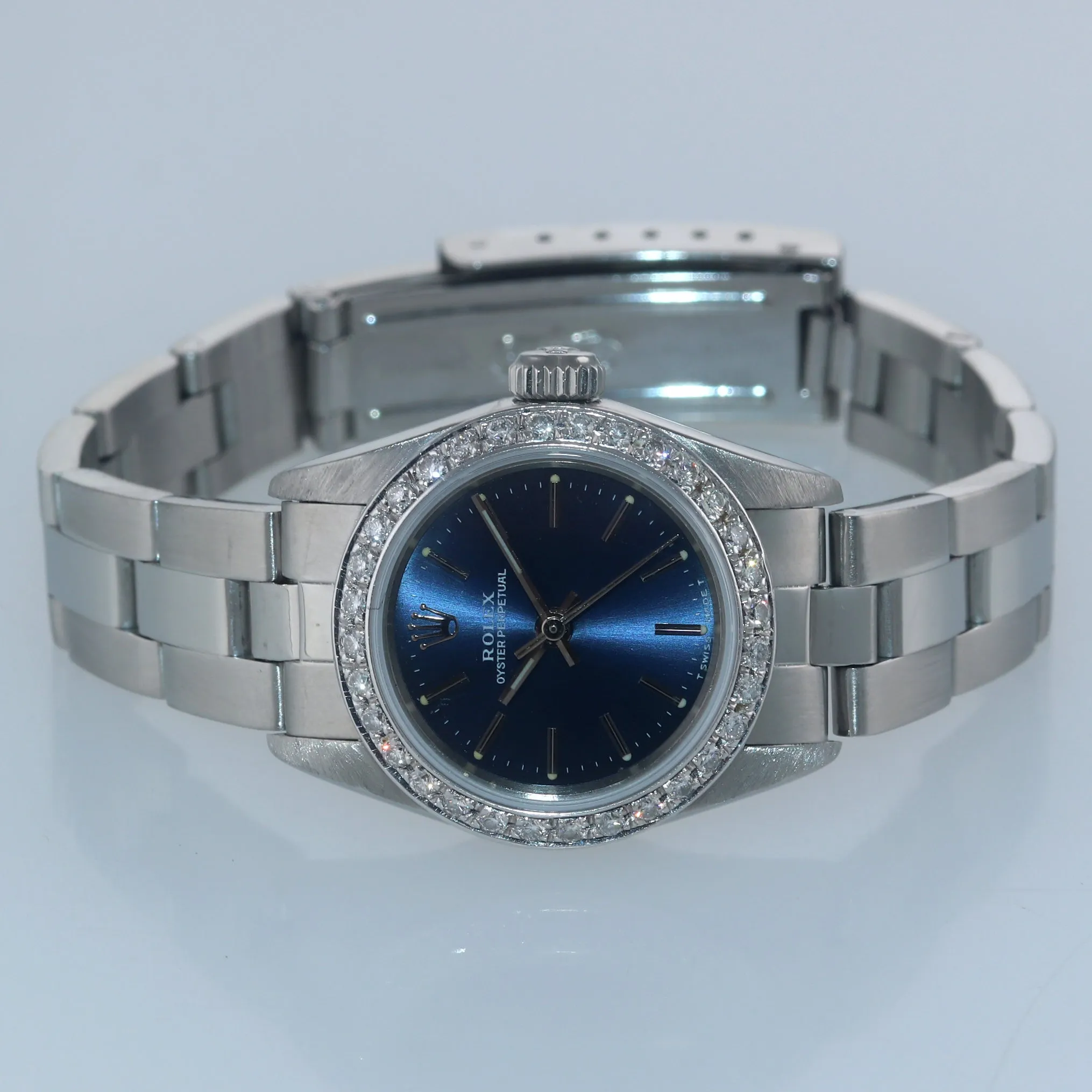Ladies Rolex Oyster Perpetual Blue Stick Diamond Bezel 24mm 67180 Steel Watch