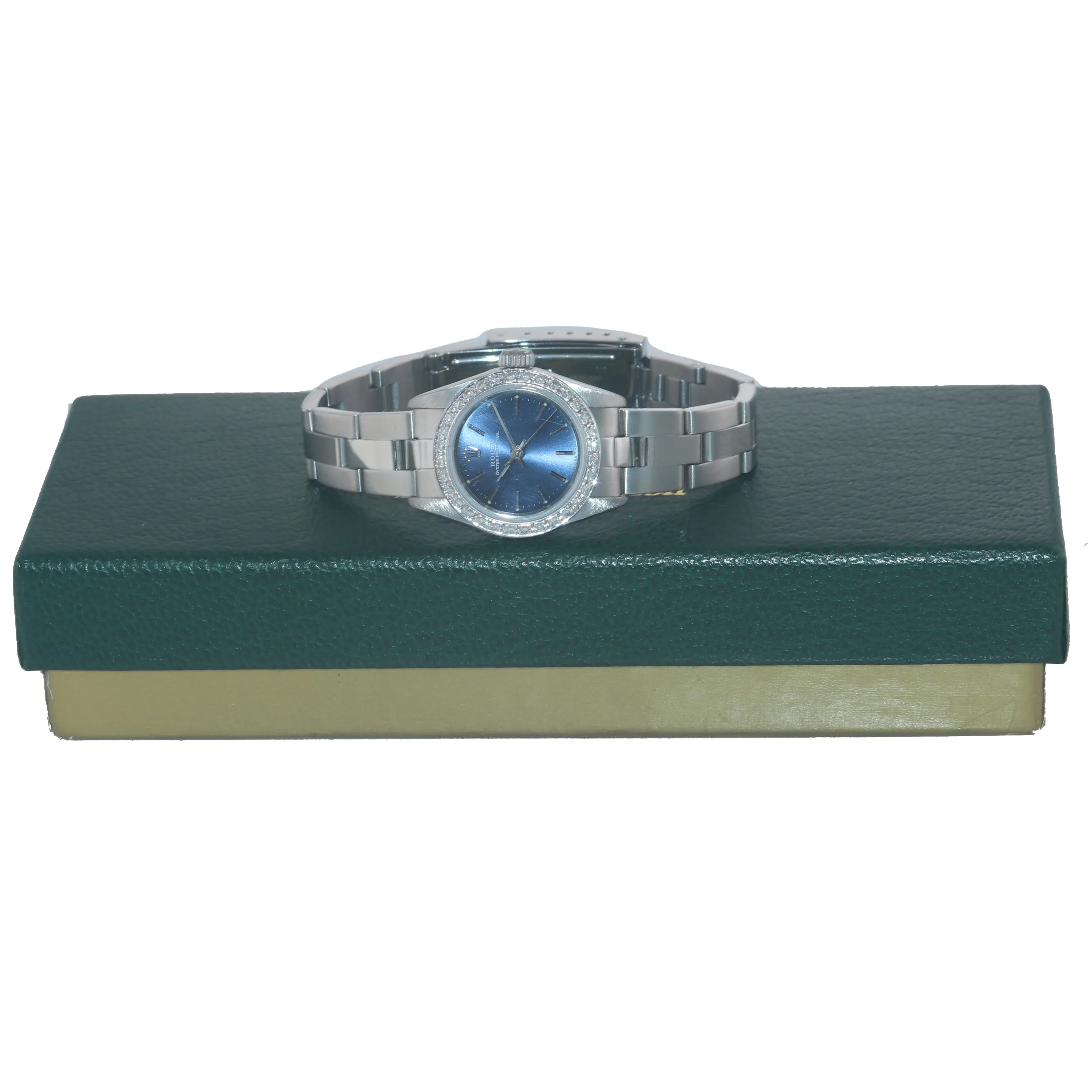 Ladies Rolex Oyster Perpetual Blue Stick Diamond Bezel 24mm 67180 Steel Watch
