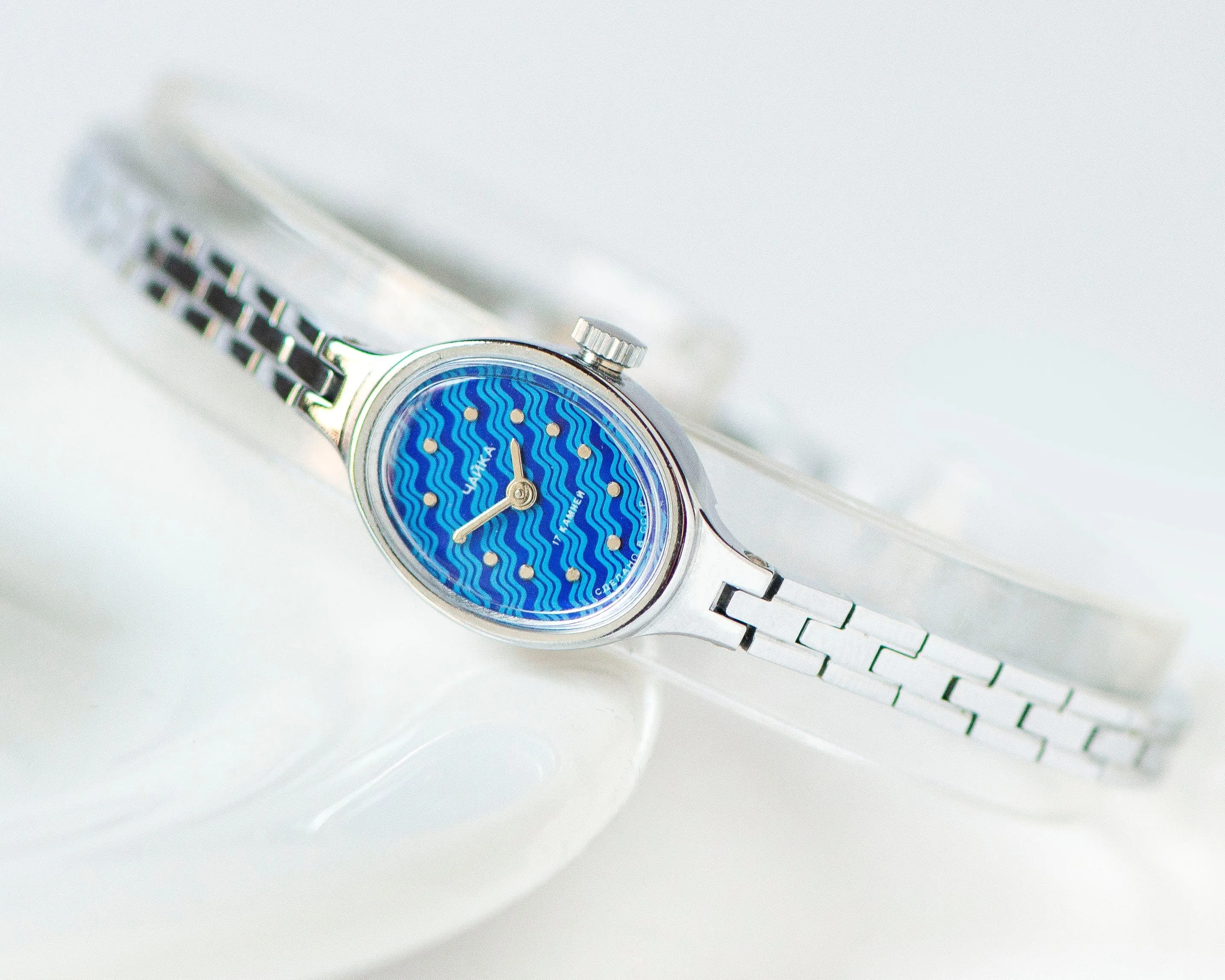 Limited edition cocktail watch for women unused Seagull, blue oval women's watch silver shade jewelry gift, tiny bracelet wristwatch rare
