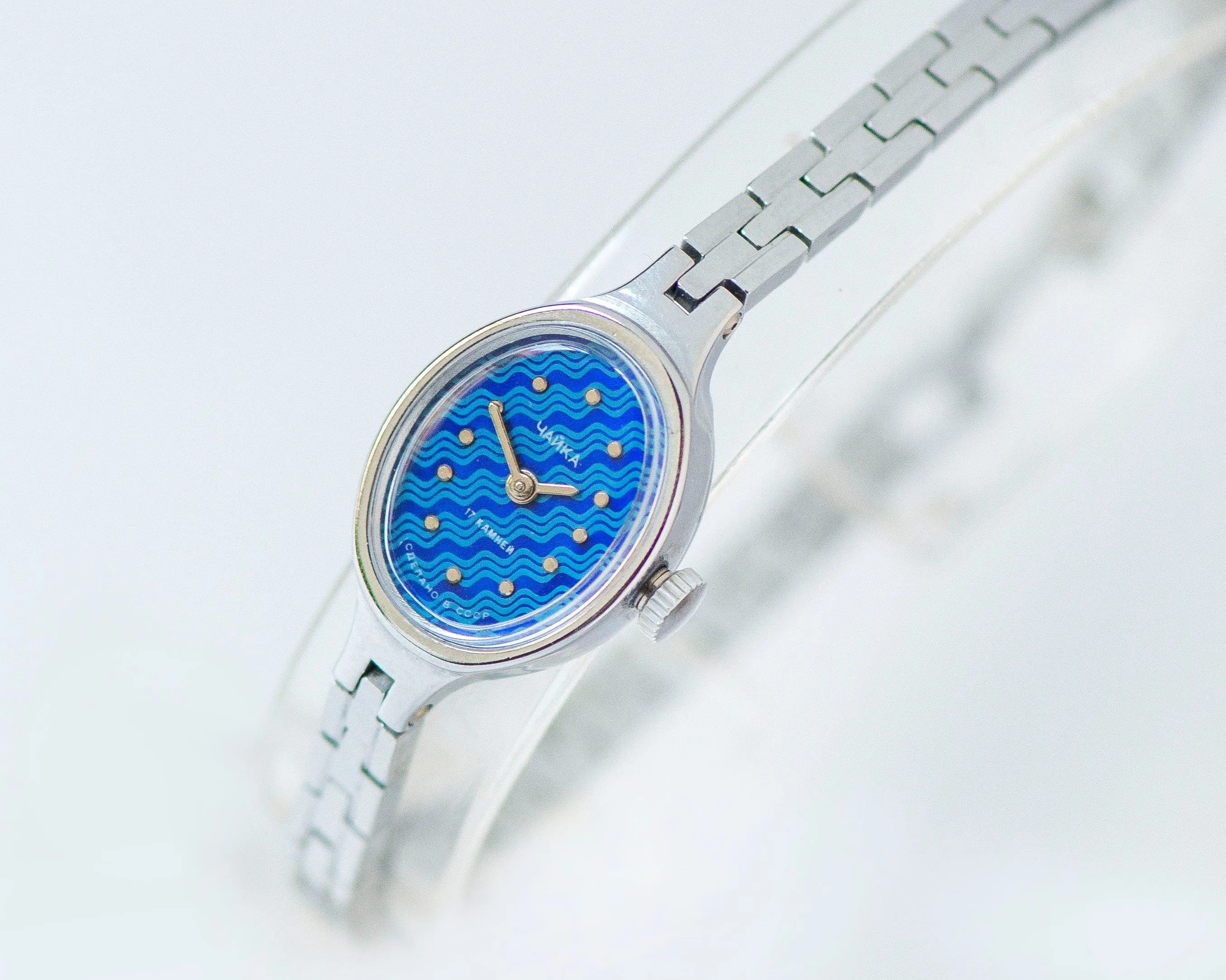 Limited edition cocktail watch for women unused Seagull, blue oval women's watch silver shade jewelry gift, tiny bracelet wristwatch rare