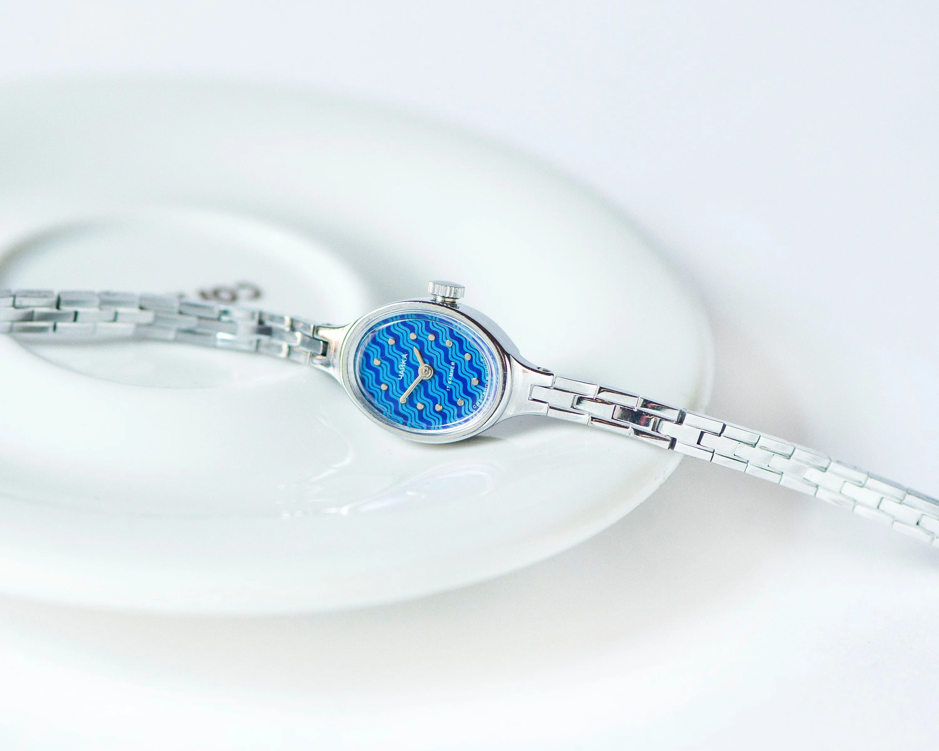 Limited edition cocktail watch for women unused Seagull, blue oval women's watch silver shade jewelry gift, tiny bracelet wristwatch rare