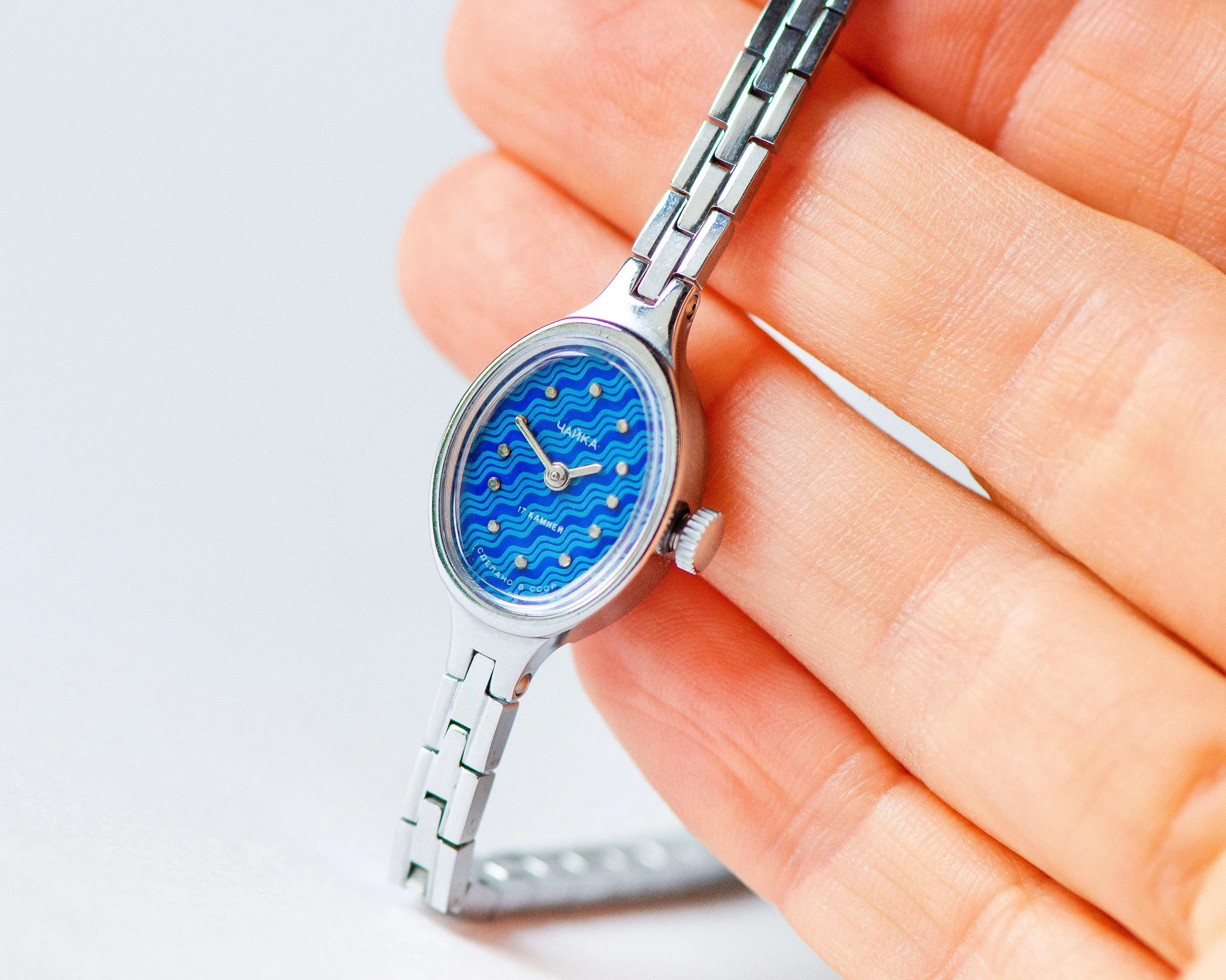 Limited edition cocktail watch for women unused Seagull, blue oval women's watch silver shade jewelry gift, tiny bracelet wristwatch rare