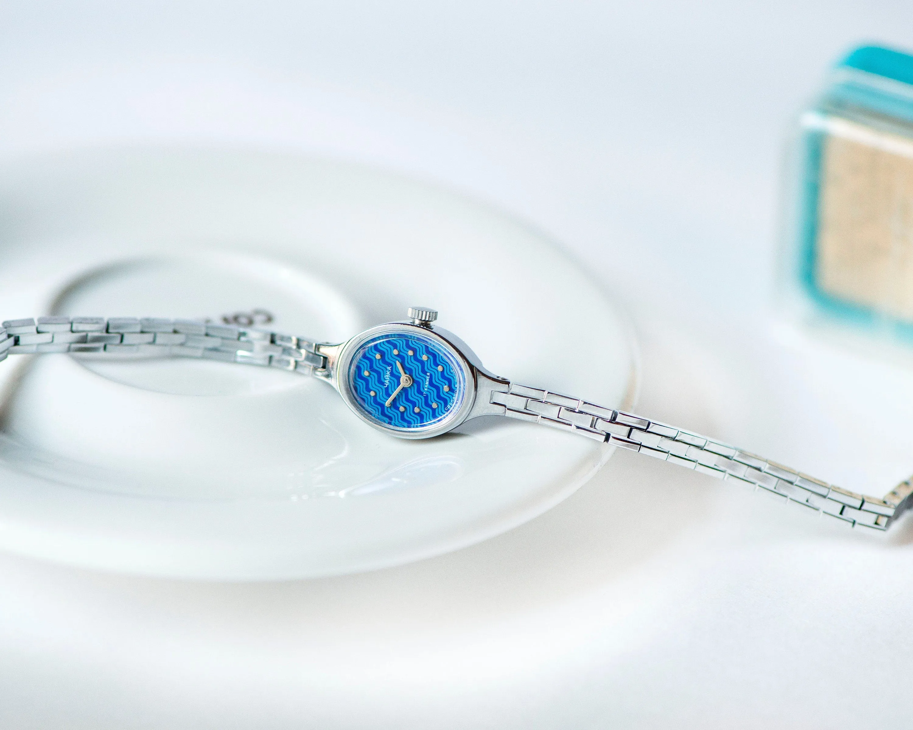 Limited edition cocktail watch for women unused Seagull, blue oval women's watch silver shade jewelry gift, tiny bracelet wristwatch rare