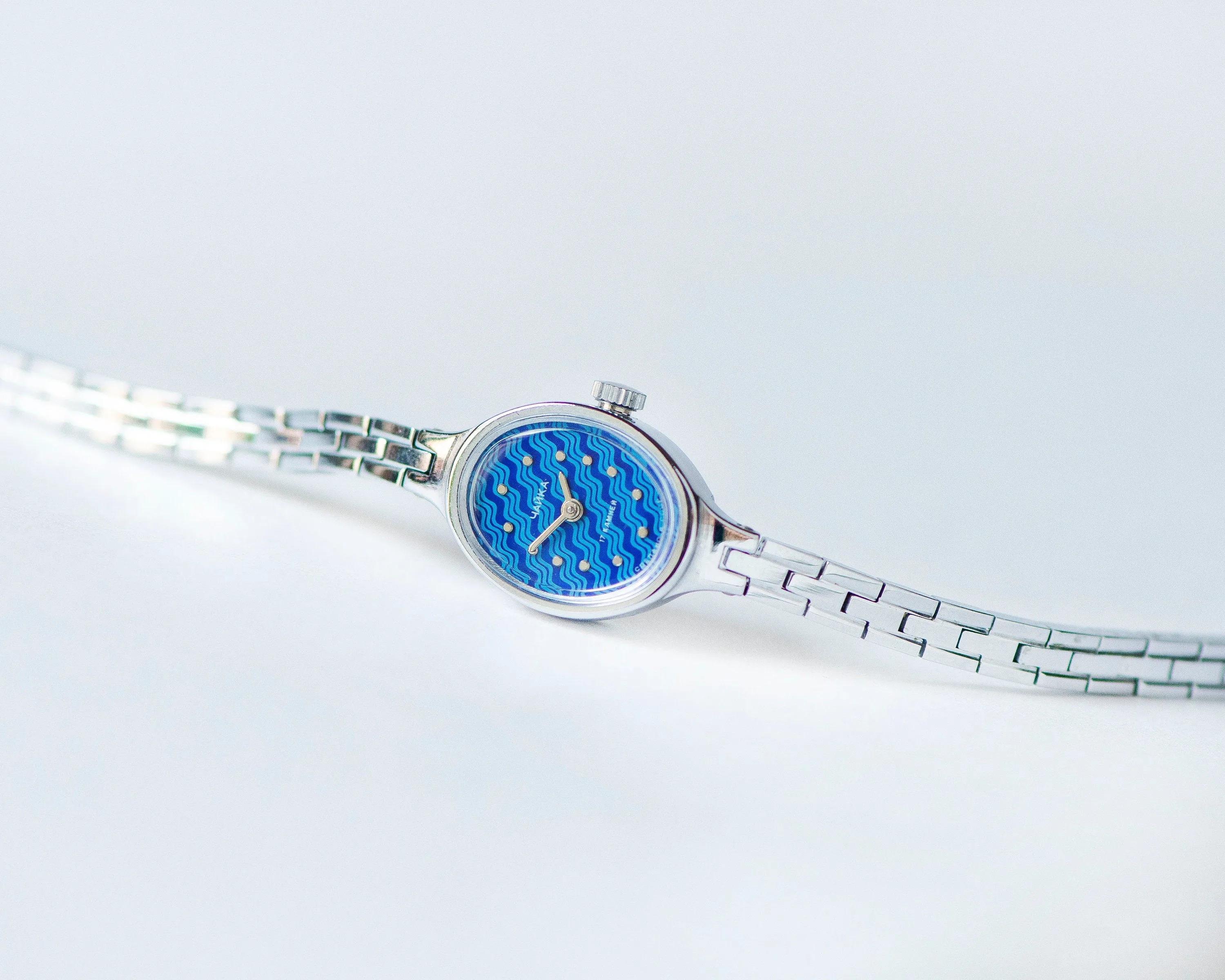 Limited edition cocktail watch for women unused Seagull, blue oval women's watch silver shade jewelry gift, tiny bracelet wristwatch rare