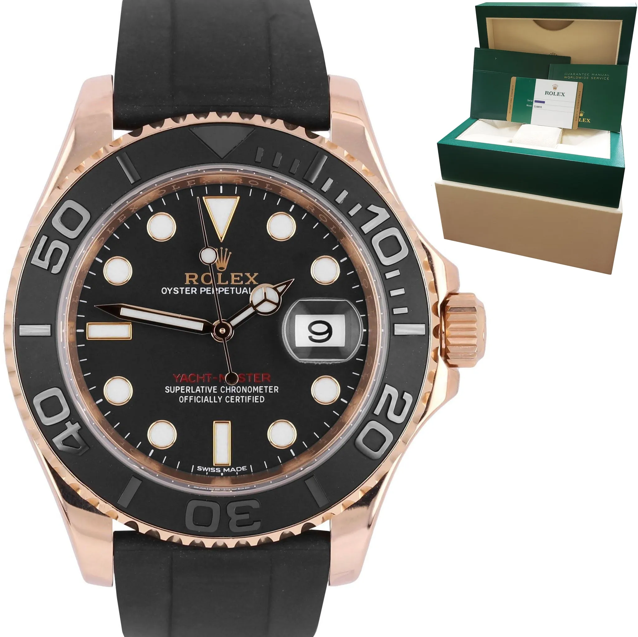 Men's Rolex Yacht-Master 18K Everose Gold Oysterflex Black Ceramic Watch 116655