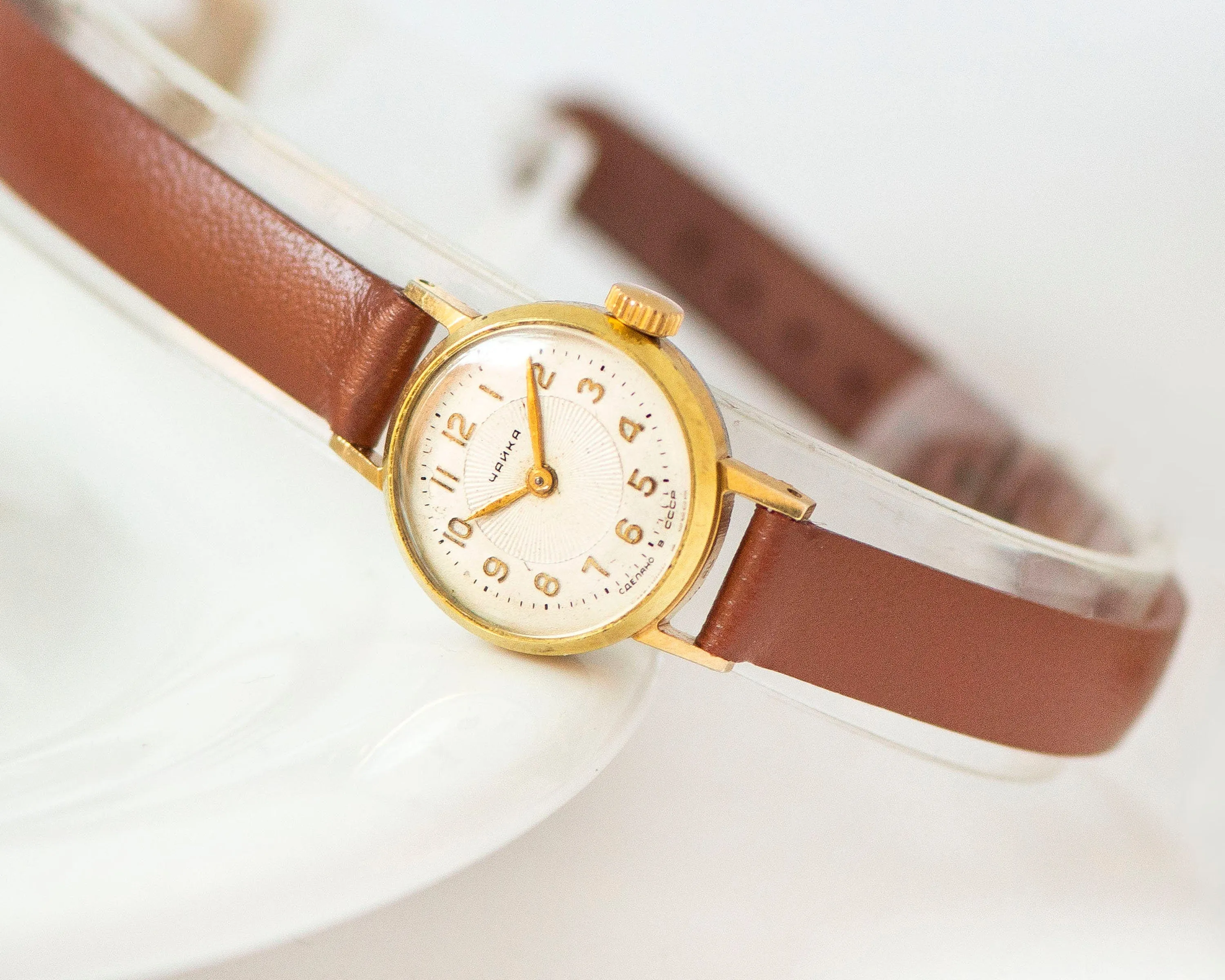 Micro watch for women sunburst dial  Seagull, gold plated women watch limited edition, delicate lady watch gift, new premium leather strap