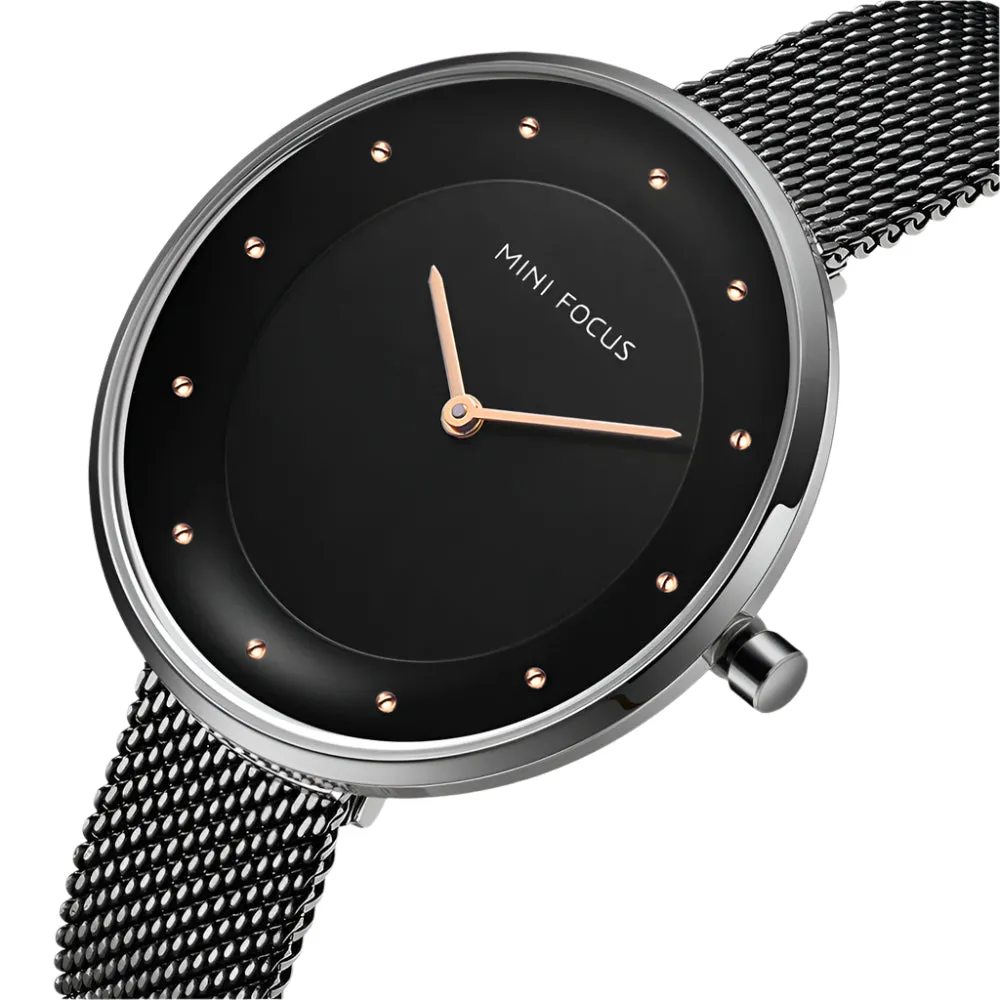 Mini Focus Black Mesh Bracelet Black Dial Quartz Watch for Ladies - MF0179L-04