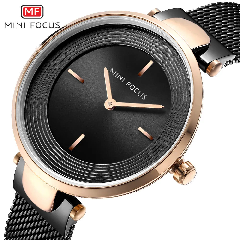 Mini Focus Black Mesh Bracelet Black Dial Quartz Watch for Ladies - MF0195L-03