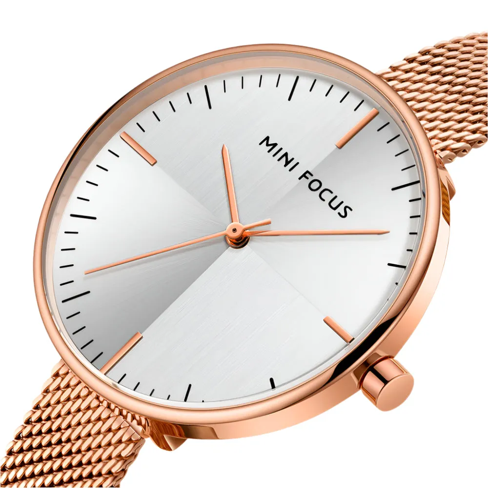 Mini Focus Rose Gold Mesh Bracelet Silver Dial Quartz Watch for Ladies - MF0275L-01