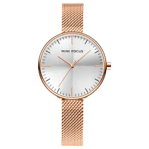 Mini Focus Rose Gold Mesh Bracelet Silver Dial Quartz Watch for Ladies - MF0275L-01