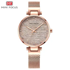 Mini Focus Rose Gold Mesh Bracelet Silver Dial Quartz Watch for Ladies - MF0328L-03