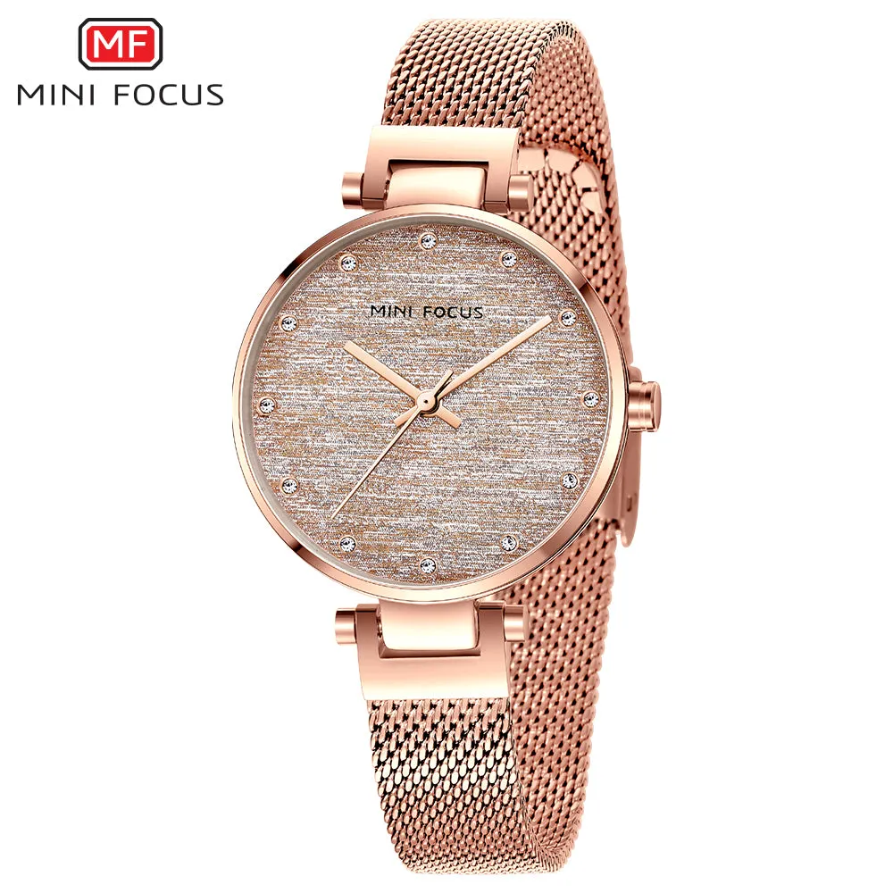 Mini Focus Rose Gold Mesh Bracelet Silver Dial Quartz Watch for Ladies - MF0328L-03