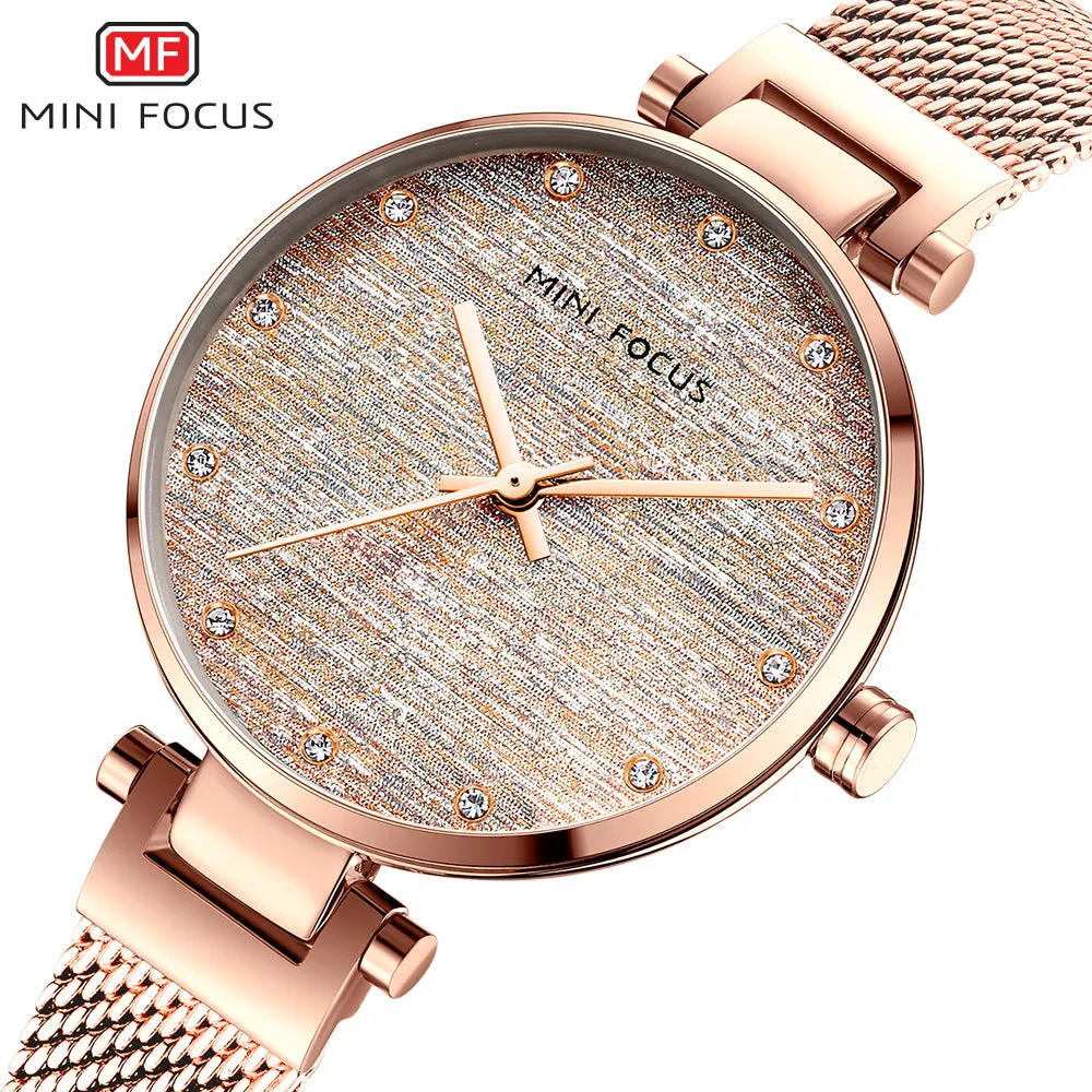 Mini Focus Rose Gold Mesh Bracelet Silver Dial Quartz Watch for Ladies - MF0328L-03