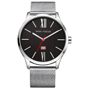 Mini Focus Silver Mesh Bracelet Black Dial Quartz Watch for Gents - MF0018G-03