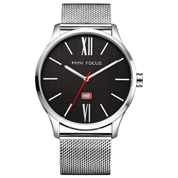 Mini Focus Silver Mesh Bracelet Black Dial Quartz Watch for Gents - MF0018G-03