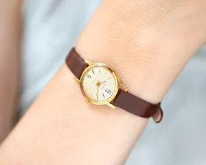 Minimalist women watch gold plated Glory, vintage watch for lady retro dial, delicate girl wristwatch gift jewelry, new genuine leather band