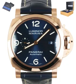 MINT 2020 Panerai Luminor Marina Goldtech 44mm PAM01112 18K Rose Gold Blue Watch