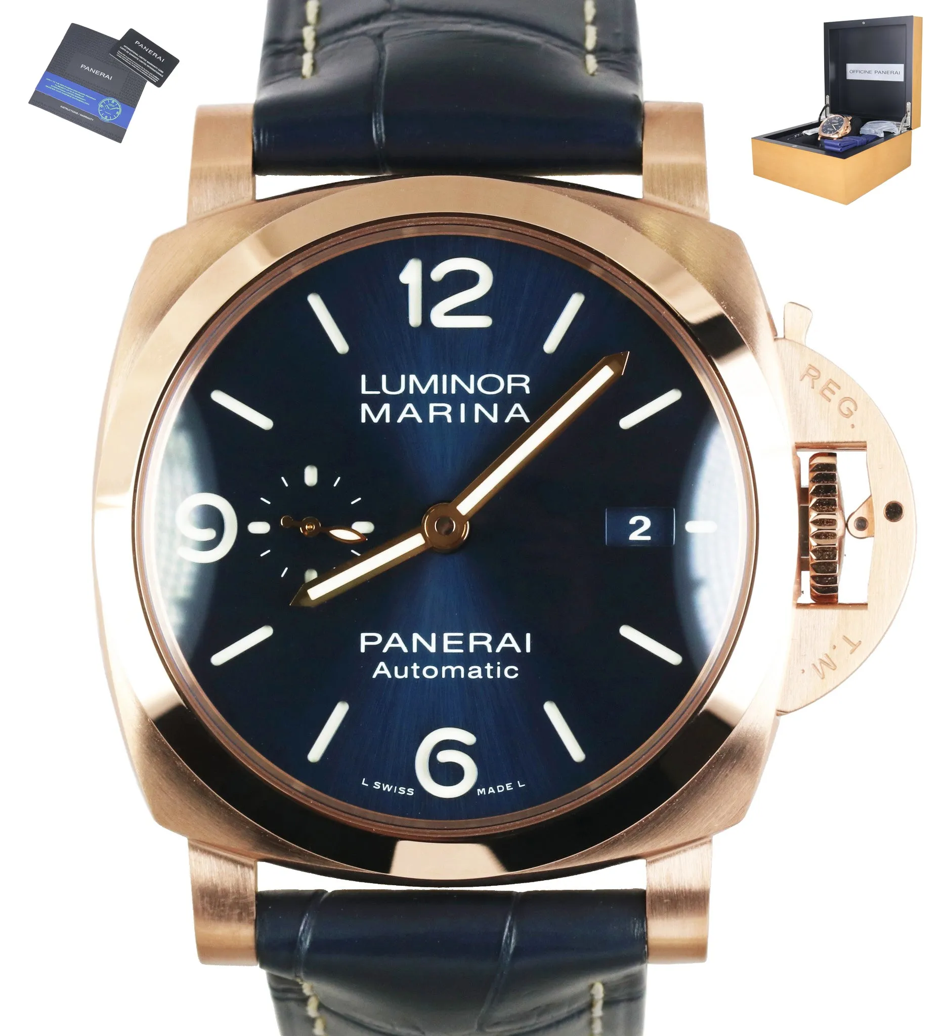 MINT 2020 Panerai Luminor Marina Goldtech 44mm PAM01112 18K Rose Gold Blue Watch