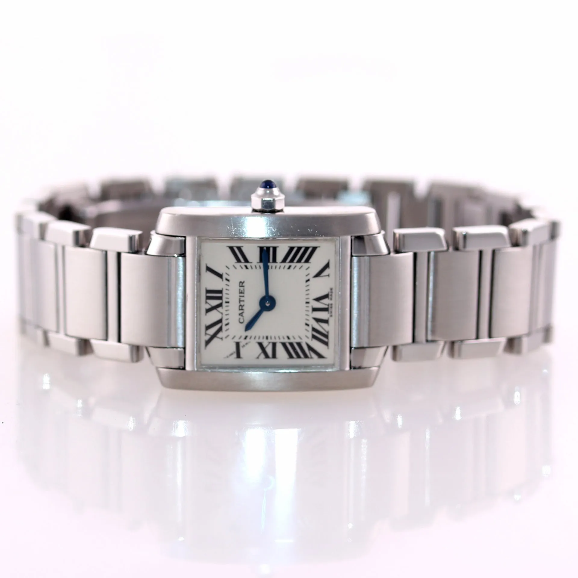 MINT Ladies Cartier Tank Francaise 2384 Stainless Steel Ivory Roman Quartz Watch