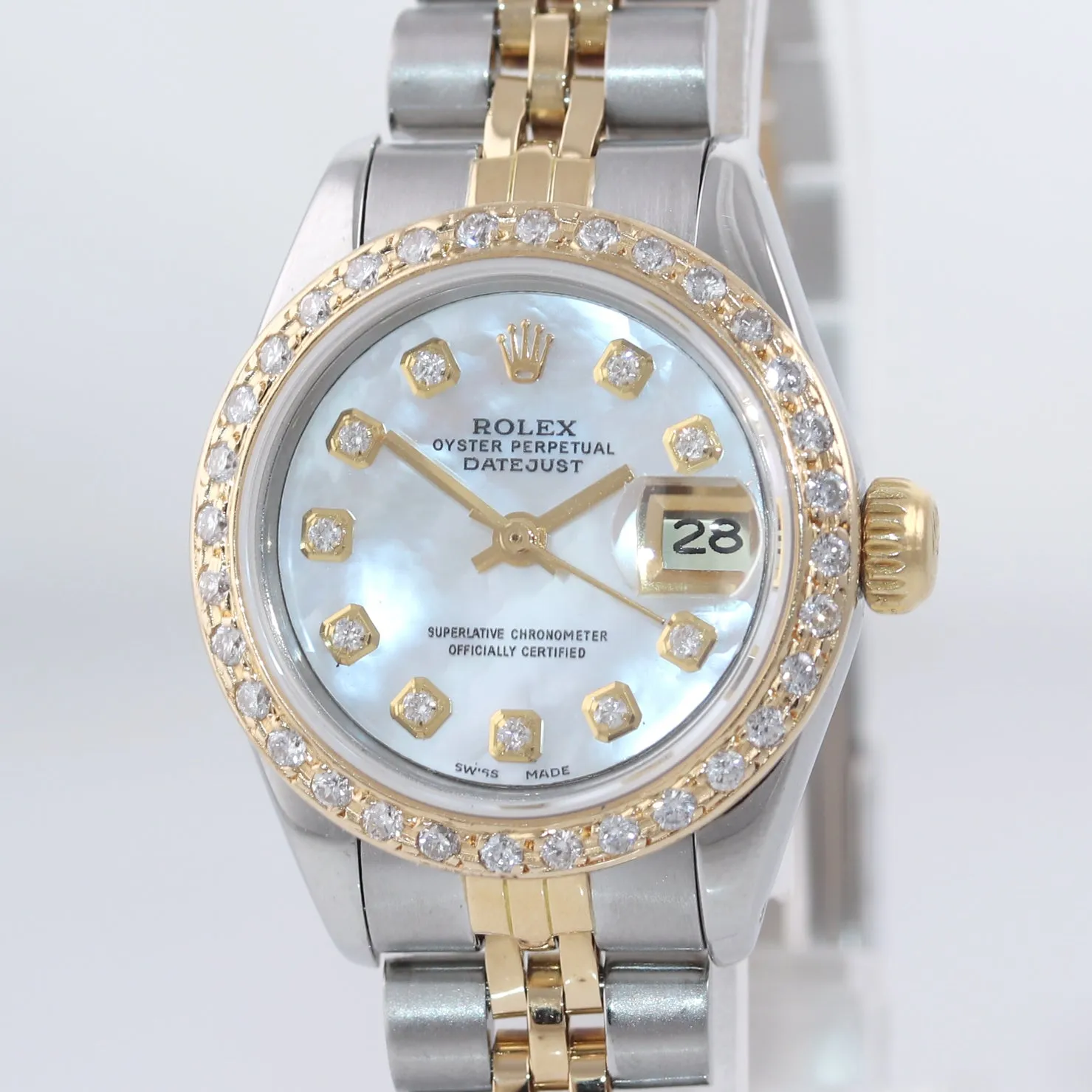 MINT Ladies Rolex 67193 Two Tone 18k Gold 26mm MOP Diamond Bezel Watch Box