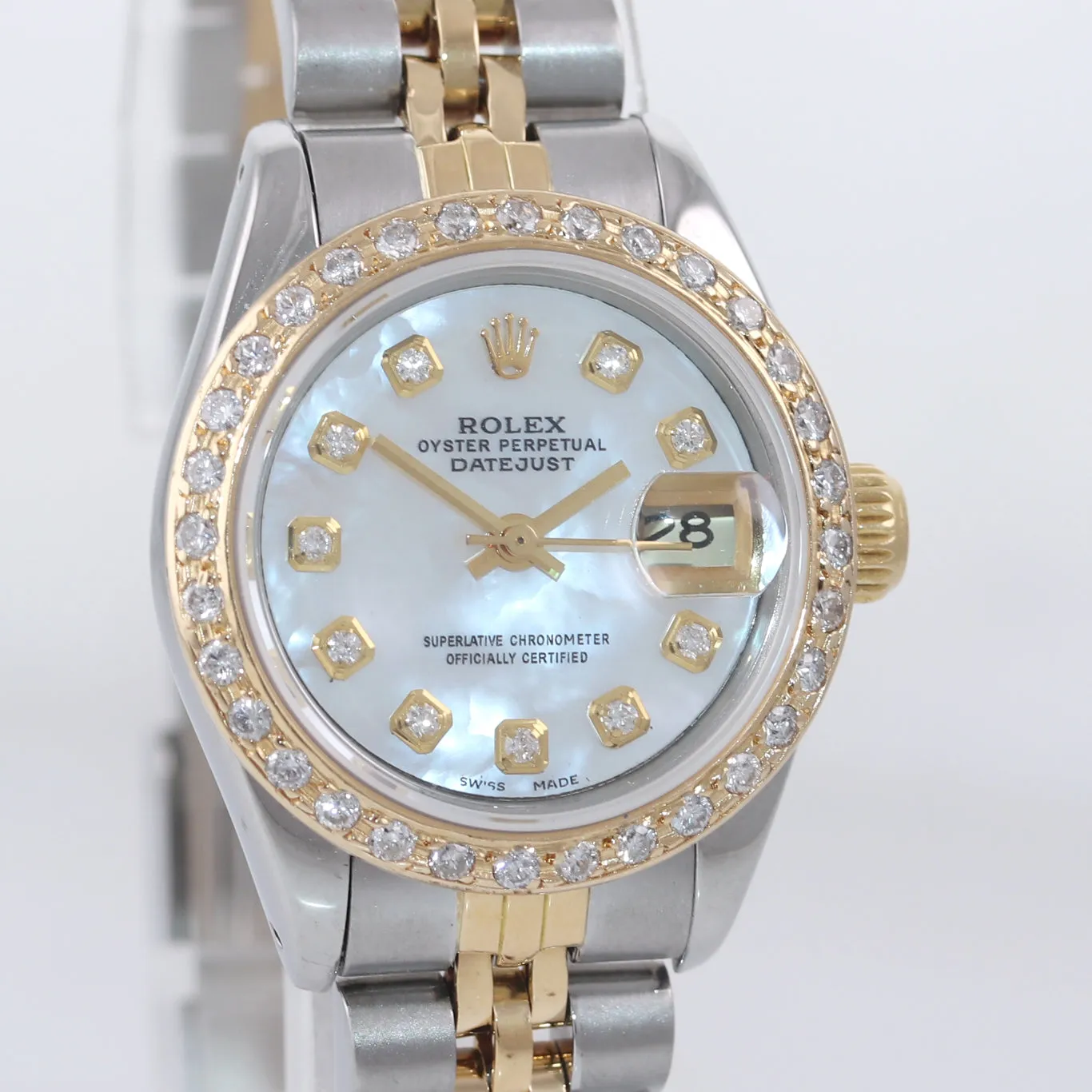 MINT Ladies Rolex 67193 Two Tone 18k Gold 26mm MOP Diamond Bezel Watch Box