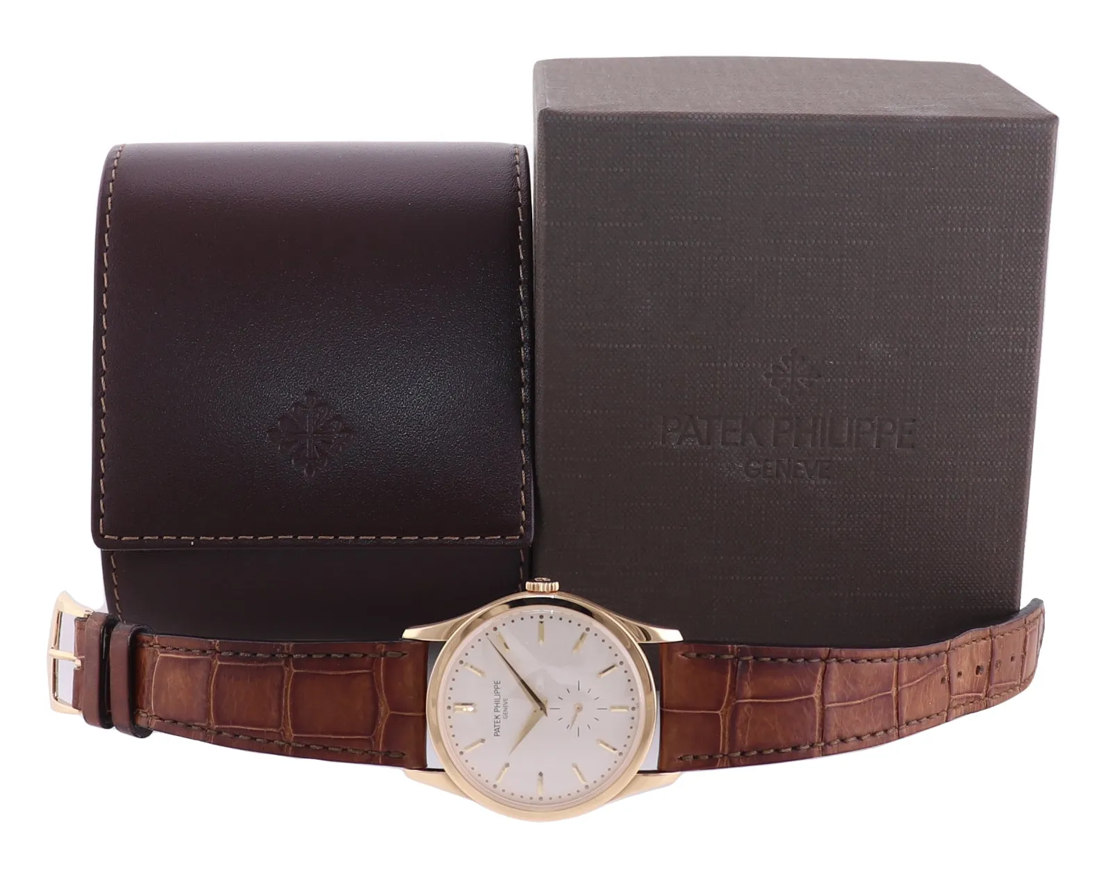 MINT Patek Philippe 5196J 37mm Yellow Gold Calatrava Brown Leather Watch Box