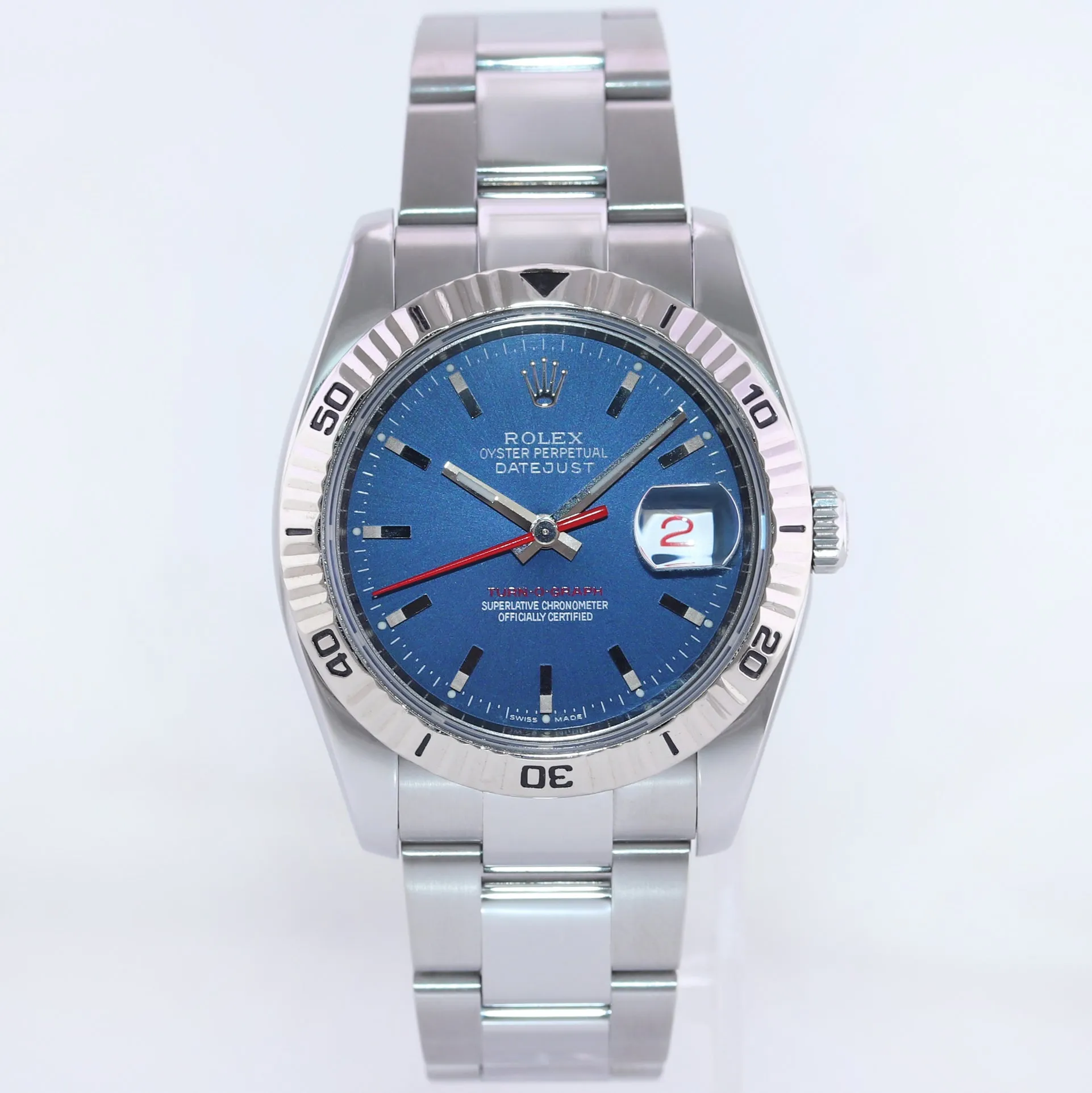 MINT Rolex DateJust Turn-O-Graph 116264 Blue Steel White Gold Fluted Bezel Watch