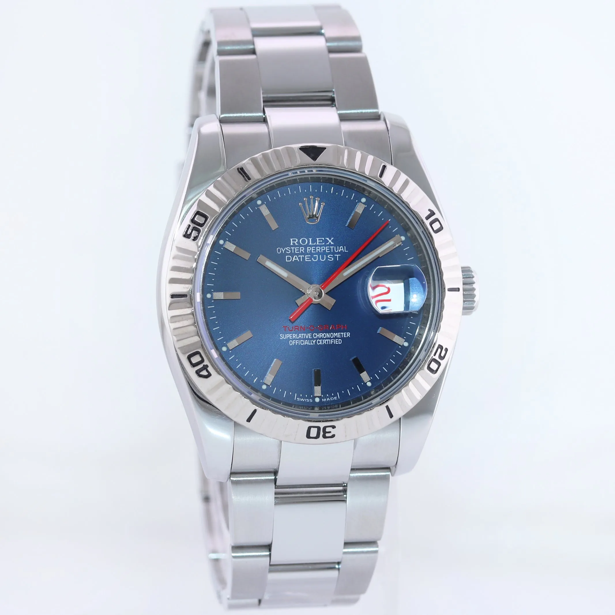 MINT Rolex DateJust Turn-O-Graph 116264 Blue Steel White Gold Fluted Bezel Watch