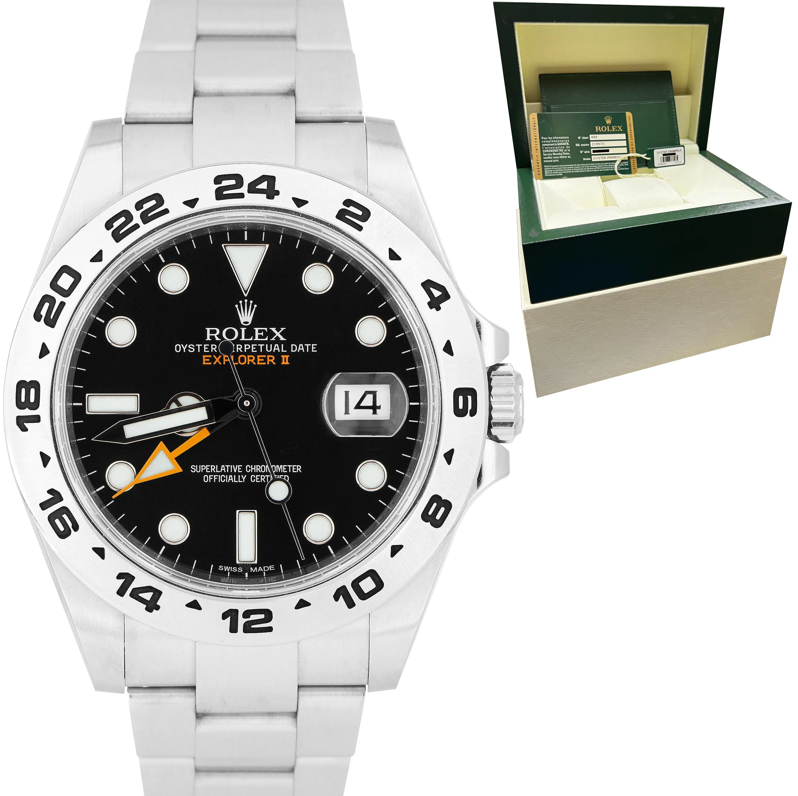 MINT Rolex Explorer II Black Orange Stainless GMT Date 42mm Watch 216570 B P